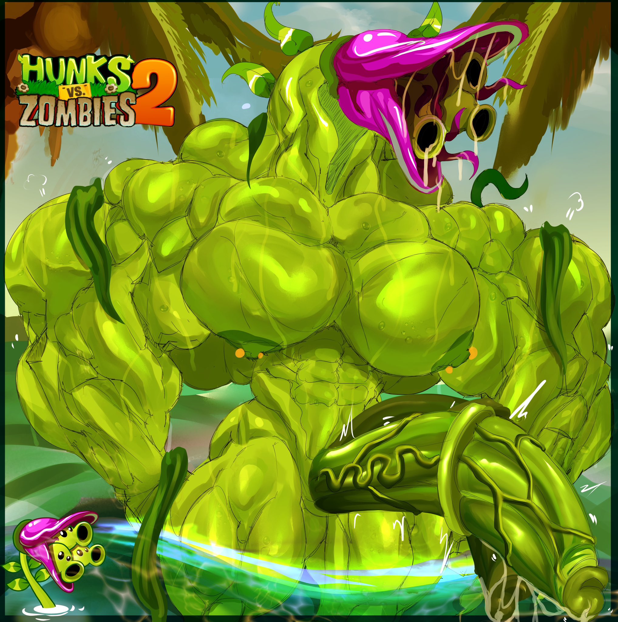 1anthro, 1boy, abs, alternate version at source, anthro, anthro only, asolchan, background, bara, big body, big muscles, big neck, big pecs, big penis, broad shoulders, covered eyes, diphallia, diphallism, eyes covered, gay, gay male, green body, green skin, huge pecs, humanoid, humanoid genitalia, humanoid penis, hunk, hyper genitalia, hyper muscles, hyper penis, juicy pecs, leaves, male, male focus, male only, multi genitalia, multi penis, muscles, muscular, muscular male, nipple, nipple piercing, no balls, nude, nude male, penis, plant, plants vs zombies, plants vs zombies 2: it's about time, plants vs. zombies, pvz, pvz23074, seashooter (pvz), thick thighs, thigh, water, yaoi