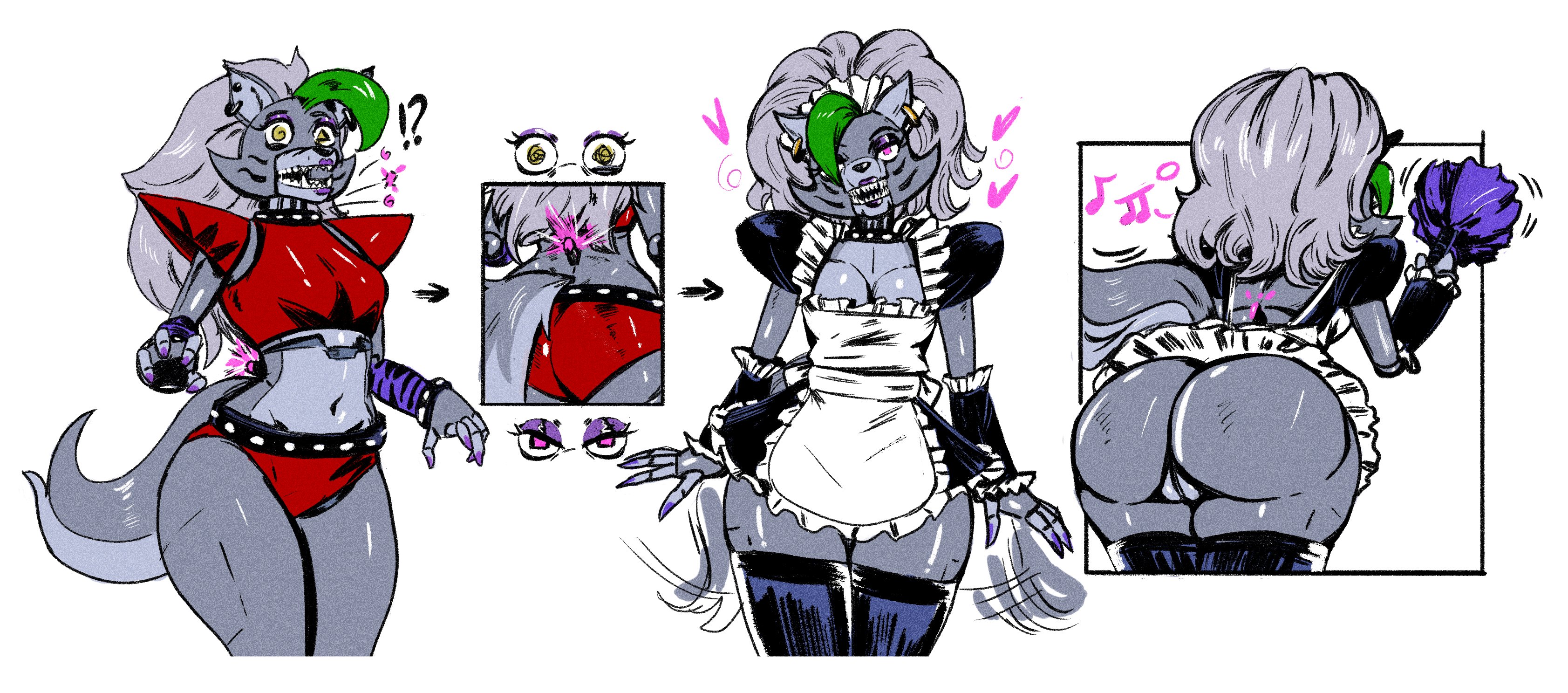 !?, 1girls, ass, before and after, bent over, breasts, choker, cleavage, collar, earrings, female, female only, five nights at freddy's, five nights at freddy's: security breach, heart, heart symbol, large ass, maid, maid headdress, maid uniform, makeup, midriff, midriff baring shirt, mind control, navel, pierced ears, piercing, pink eyes, presenting, presenting hindquarters, progression, purple eyeshadow, purple lipstick, pussy, redblacktac, robot, robot girl, robot humanoid, roxanne wolf (fnaf), sharp teeth, shocked, simple background, solo, solo female, spiked collar, tail, thick thighs, wagging tail, wolf, wolf ears, wolf girl, wolf humanoid, wolf tail, yellow eyes