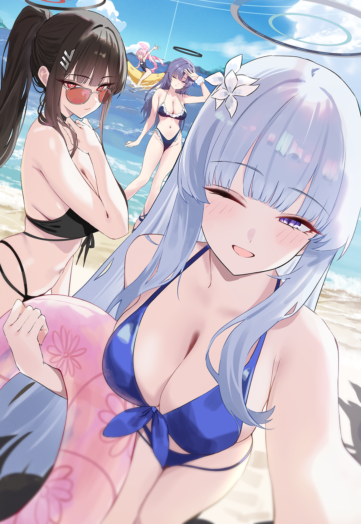 ;d, 4girls, alternate costume, arm up, bare arms, bare shoulders, beach, bikini, black bikini, black hair, blue archive, blue bikini, blue eyes, blue hair, blush, breasts, bright pupils, cleavage, closed mouth, day, female, female only, hair ornament, hairclip, halo, highres, innertube, koyuki (blue archive), large breasts, long hair, looking at viewer, multiple females, multiple girls, navel, noa (blue archive), one eye closed, open mouth, outdoors, pink hair, pink halo, pink innertube, ponytail, red eyes, red-tinted eyewear, rio (blue archive), shigure s, sidelocks, smile, stomach, sunglasses, swim ring, swimsuit, tinted eyewear, water, white pupils, yuuka (blue archive)