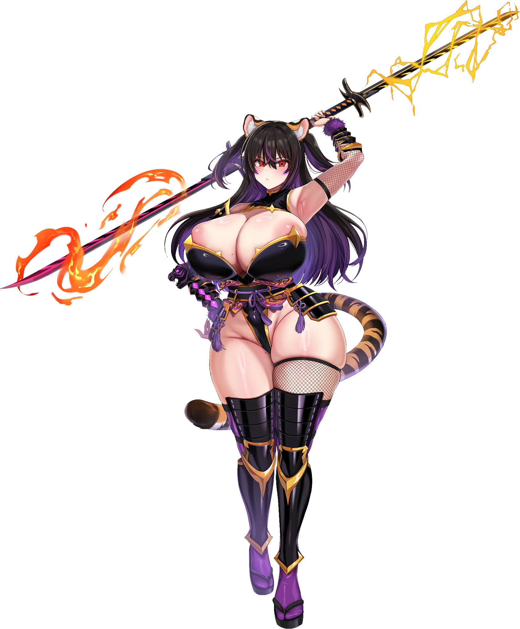 1girls, animal ears, animal tail, areola slip, armor, armpits, black hair, blush, breasts, bursting breasts, busty, cleavage, cleavage cutout, female, female only, fishnets, holding weapon, hollow shine, huge breasts, kaenuco, kunoichi shiden, last origin, leotard, light skin, light-skinned female, long hair, mole on thigh, multicolored hair, no panties, official art, one arm up, plapbait, purple hair, red eyes, sandals, shiny skin, solo, streaked hair, thick thighs, transparent background, twintails, voluptuous, wide hips