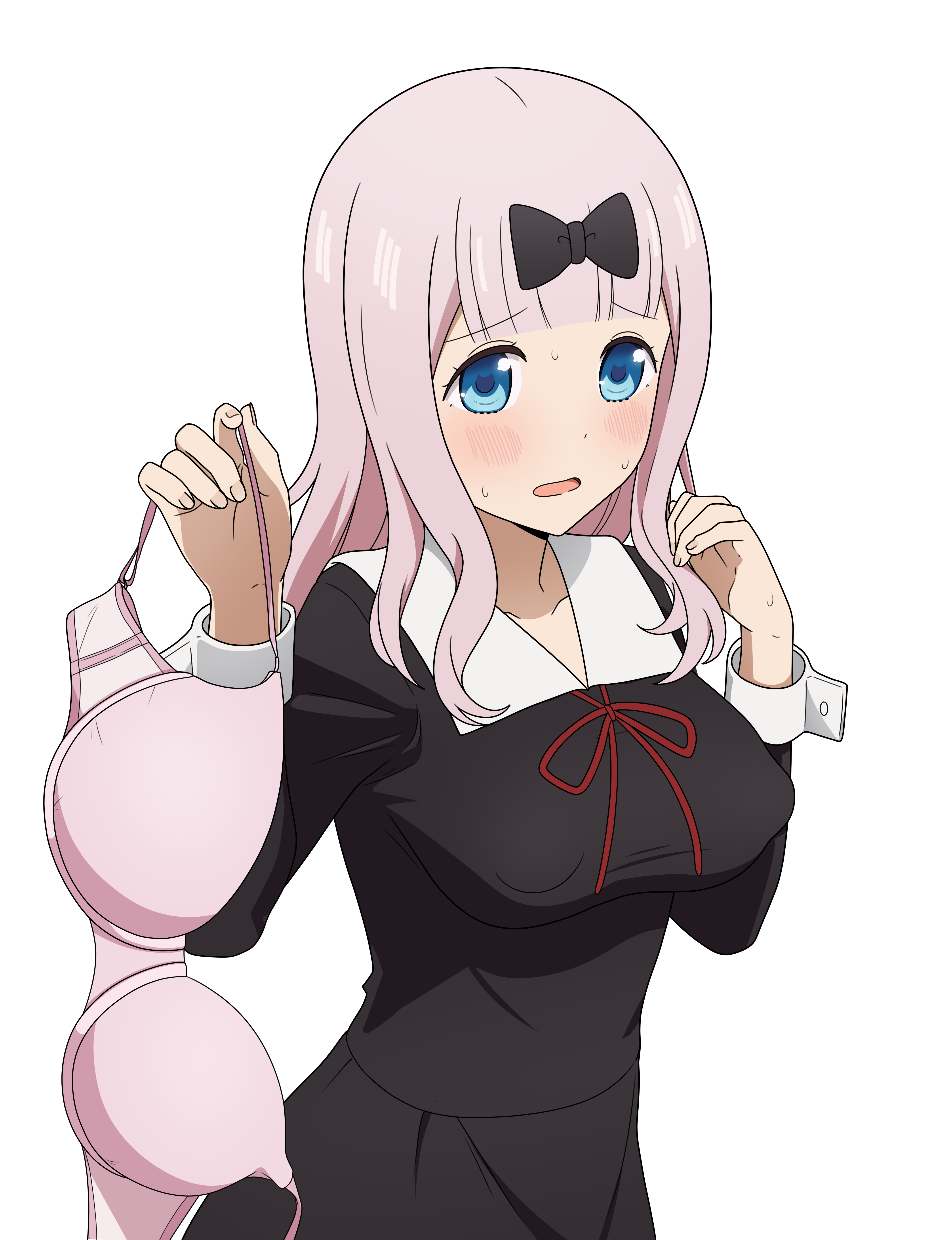 absurdres, black bow, black dress, blue eyes, blunt bangs, bow, bra, breasts, collarbone, coro fae, covered erect nipples, dot nose, dress, female, female only, fingernails, fujiwara chika, hair over shoulder, hairbow, highres, holding, holding bra, holding underwear, holding unworn clothes, kaguya-sama wa kokurasetai ~tensai-tachi no renai zunousen~, large breasts, long hair, neck ribbon, no bra, open mouth, pink bra, pink hair, presenting bra, raised inner eyebrows, red ribbon, ribbon, school uniform, shuuchiin academy school uniform, simple background, solo, sweat, underwear, white background