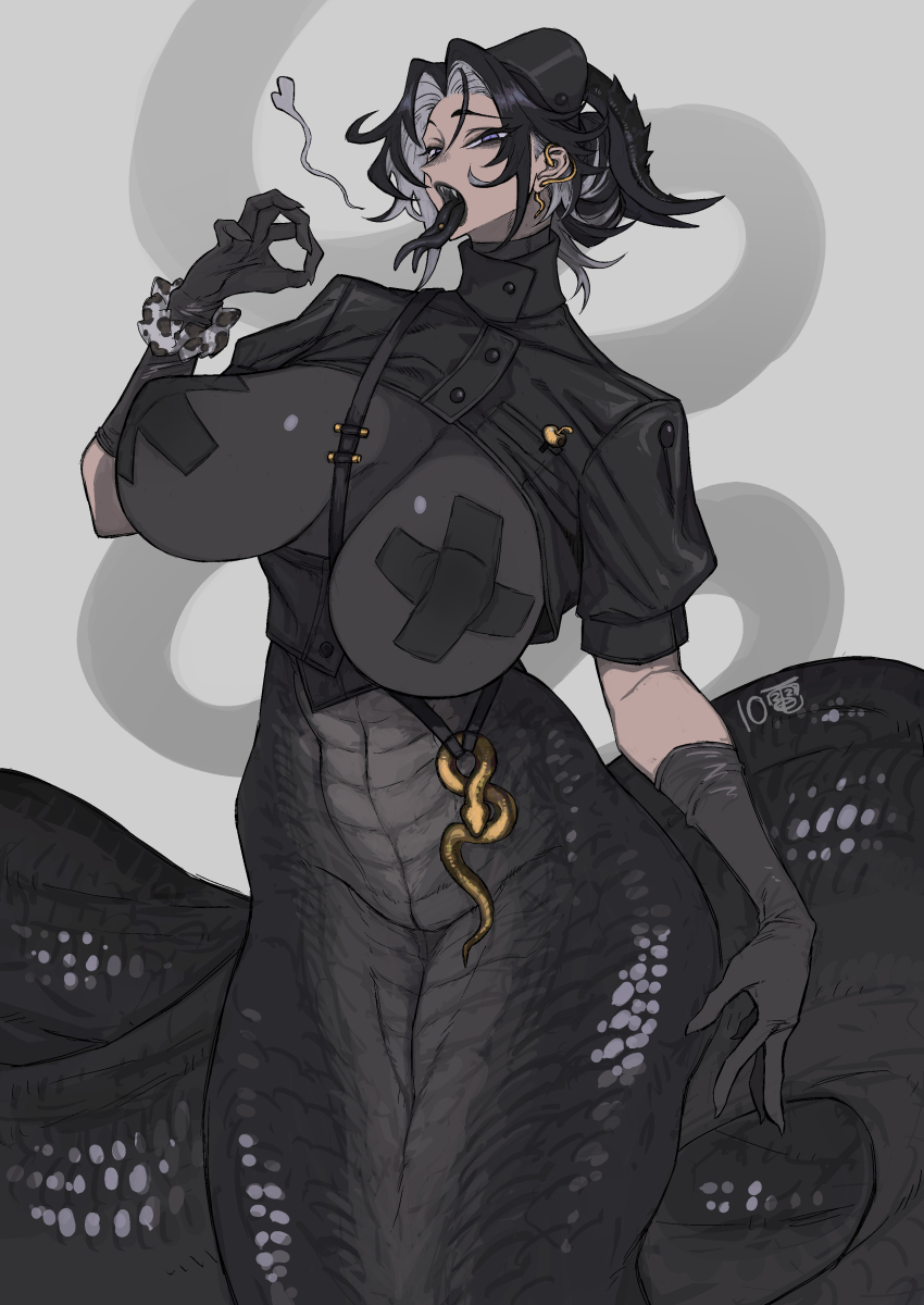 10den, 2d, 2d (artwork), 2d artwork, bedroom eyes, black clothing, black glove, black gloves, black hair, black horn, black horns, black scales, ear piercing, eye visible through hair, eyebrows, eyebrows visible through hair, eyelashes, eyelashes visible through hair, fangs, fangs bared, fangs out, female, flirt, flirting, flirting with viewer, forked tongue, goth, goth girl, gothic, grey eyes, heart, heart around head, heart symbol, horn, horns, lamia, long, naga, seducing, seducing viewer, seductive, seductive look, sex gesture, simple background, snake girl, tall female, tall woman, taped nipples, teeth, teeth bared, teeth showing, teeth visible, tongue, tongue out