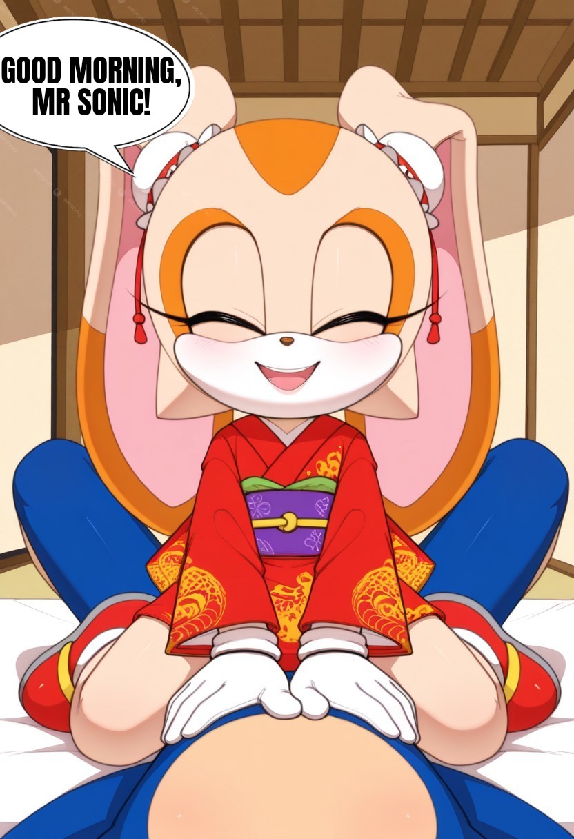 5 fingers, age difference, ai generated, anguirus12345, closed eyes, clothed, clothing, cream the rabbit, dialogue, english, english text, female, female focus, female on top, first person view, japanese clothes, japanese clothing, kimono, lagomorph, leporid, male, male/female, on top, open mouth, pov, rabbit, rabbit girl, red dress, red kimono, sega, size difference, smile, smiling, smiling at viewer, solo focus, sonic (series), sonic the hedgehog, sonic the hedgehog (series), text, traditional clothes, younger female