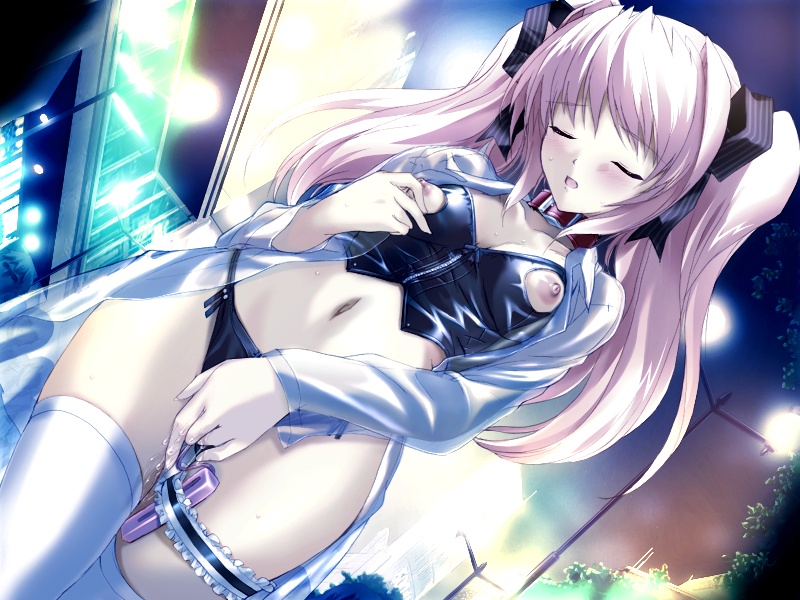 1girls black_panties blush bow breasts choukou_(alicesoft) choukou_sennin_haruka closed_eyes clothed_masturbation clothing dutch_angle erect_nipples exhibitionism female flat_chest game_cg garters leather long_hair masturbation midriff navel nippleless_clothes nippleless_clothing nipples onigirikun open_clothes open_shirt outdoors outside panties pink_hair public public_masturbation public_nudity public_vibrator pussy_juice ribbon see-through self_fondle shihoudou_narika shirt solo sweat thighhighs tied_hair twintails underwear vibrator wet_pussy white_legwear white_shirt white_thighhighs