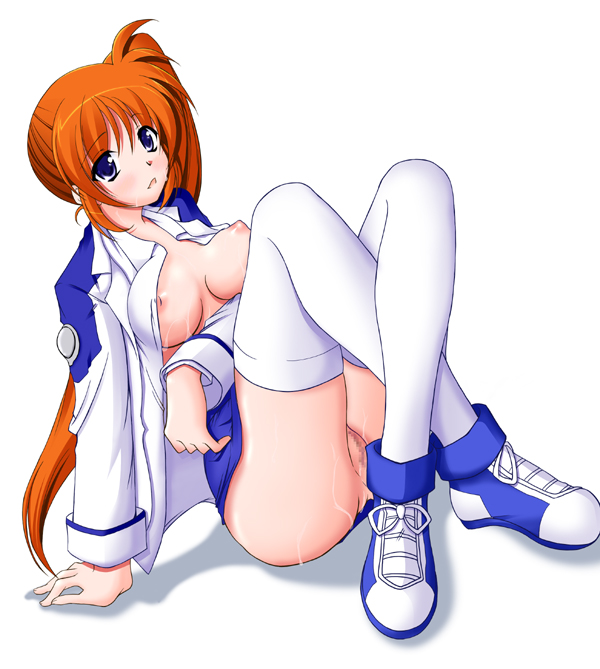 breasts brown_hair censored cum long_hair lyrical_nanoha mahou_shoujo_lyrical_nanoha mahou_shoujo_lyrical_nanoha_strikers no_bra no_panties open_clothes open_shirt ponytail purple_eyes pussy sakura_yuu shirt takamachi_nanoha thighhighs tied_hair