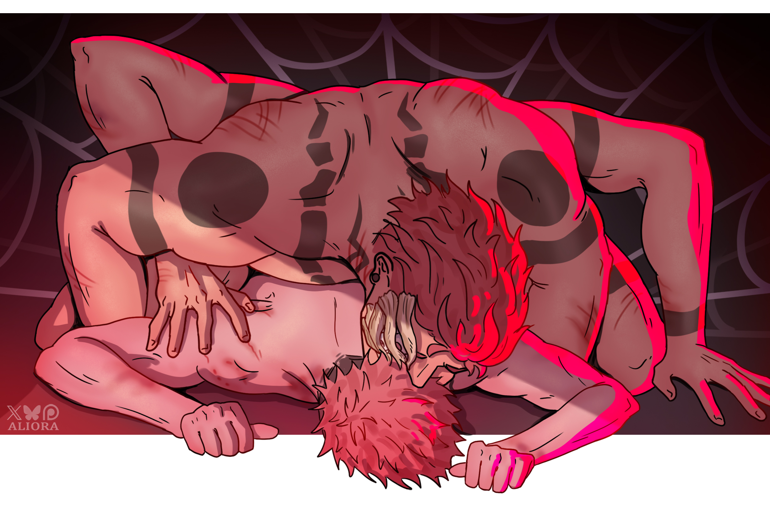 2boys, 4 arms, 4 eyes, aliora, body markings, duo, duo focus, gay, human, incest, itadori yuuji, jujutsu kaisen, male, male/male, multi arm, multi eye, multi limb, muscular, muscular male, pink hair, ryoumen sukuna (jujutsu kaisen), size difference, tattoo, yaoi