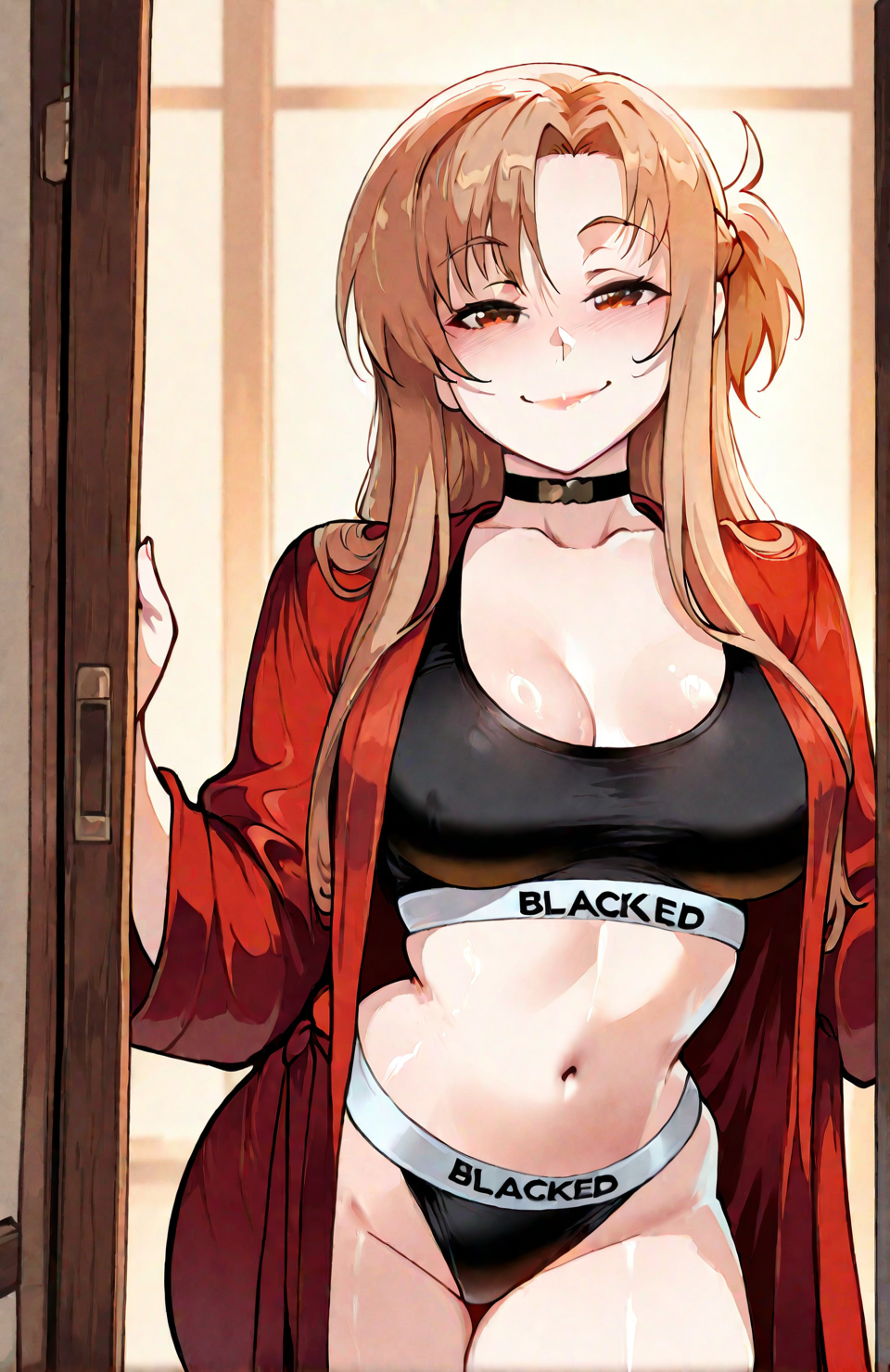 1girls, ai assisted, ai generated, bathrobe, blacked, blacked clothing, blackedcommiss1, female, long hair, looking at viewer, open clothes, opening robe, red bathrobe, smile, smiling at viewer, sword art online, yuuki asuna