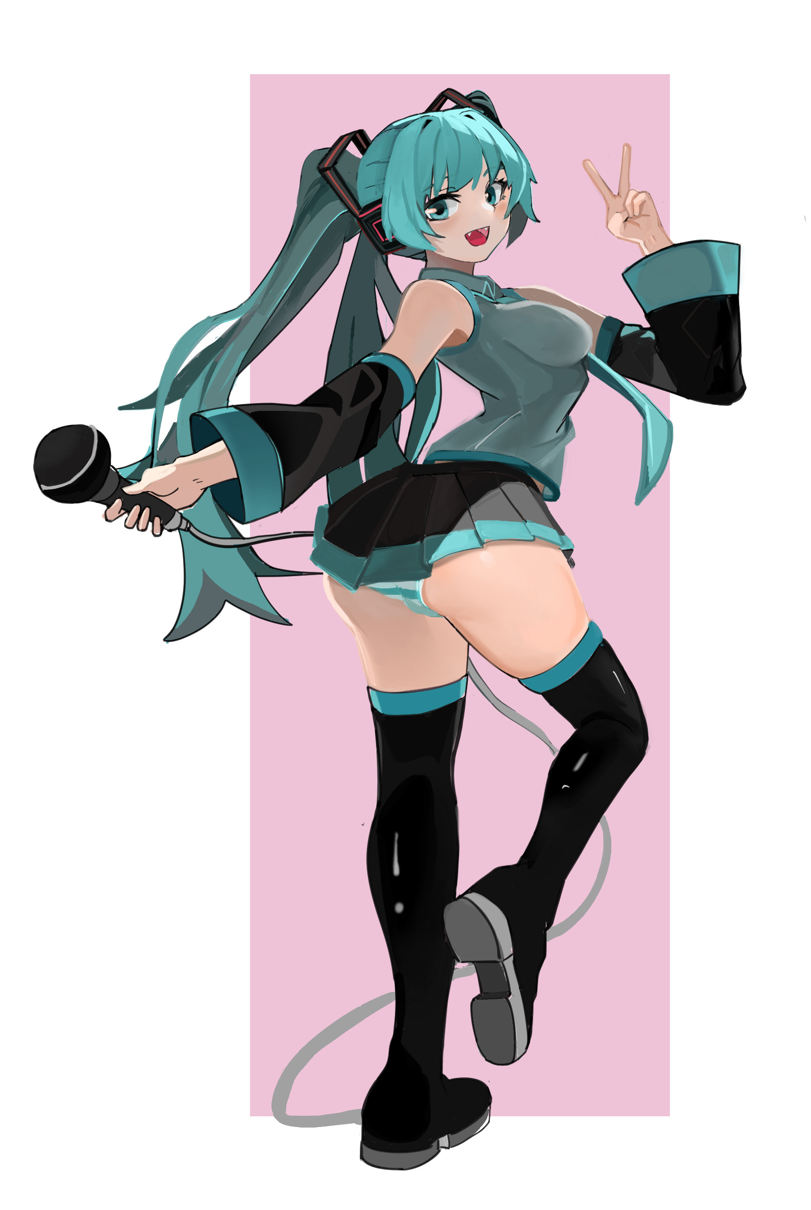 1girl, 1girls, 2025, aqua eyes, aqua hair, aqua panties, ass, black footwear, black skirt, black thighhighs, boots, breasts, detached sleeves, fang, female, from behind, grey shirt, hatsune miku, holding, holding microphone, long hair, looking at viewer, medium breasts, microphone, miniskirt, necktie, open mouth, panties, pink background, pleated skirt, shirt, skirt, sleeveless, smile, solo, standing, striped, striped panties, tagme, thigh boots, thighhighs, twintails, underwear, v, v sign, very long hair, vocaloid, wuming-aaa