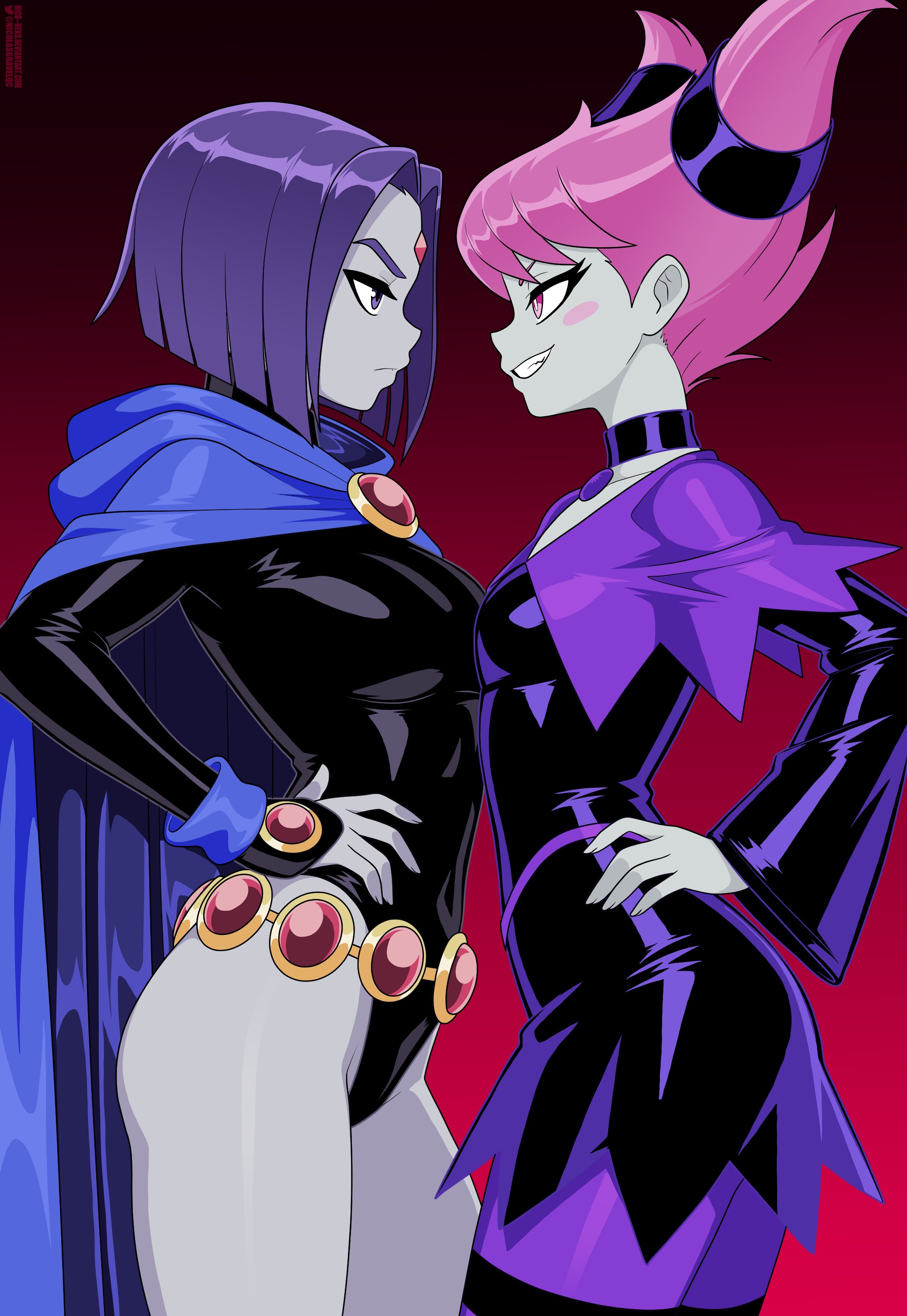 2girls, absurdres, asymmetrical docking, belt, black dress, black leotard, blue cape, blush stickers, breast press, breast size difference, breasts, cape, choker, colored skin, commentary, dc, dc comics, dress, english commentary, face-to-face, female, female only, flat chest, flat chested, forehead jewel, gem, gradient background, grey skin, hands on own hips, highres, jinx (dc), leotard, long sleeves, medium breasts, multiple females, multiple girls, nico-neko, nicolasgravelqc, pink eyes, pink hair, purple eyes, purple hair, raven (dc), small breasts, teen titans, twitter username, velvet dress, wide sleeves