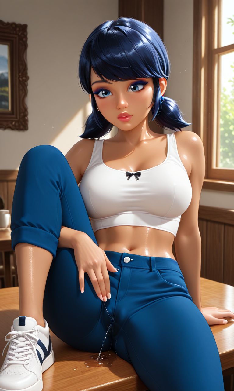 1girls, ai generated, bare arms, bare midriff, bare shoulders, blue eyes, blue hair, breasts, cleavage, clothed masturbation, crop top, disney, disney channel, eyebrows, eyelashes, eyeliner, eyeshadow, female, hi res, ladybug (character), large ass, large breasts, lipstick, marinette cheng, marinette dupain-cheng, masturbation, masturbation through clothing, miraculous ladybug, miraculous: tales of ladybug and cat noir, petite, petite body, petite female, sitting on table, sneakers, solo, solo female, solo focus, squirting through clothes, tanned, tanned body, tanned female, tanned skin, tanned-skinned female, thick thighs, trousers, twintails, waifufamily