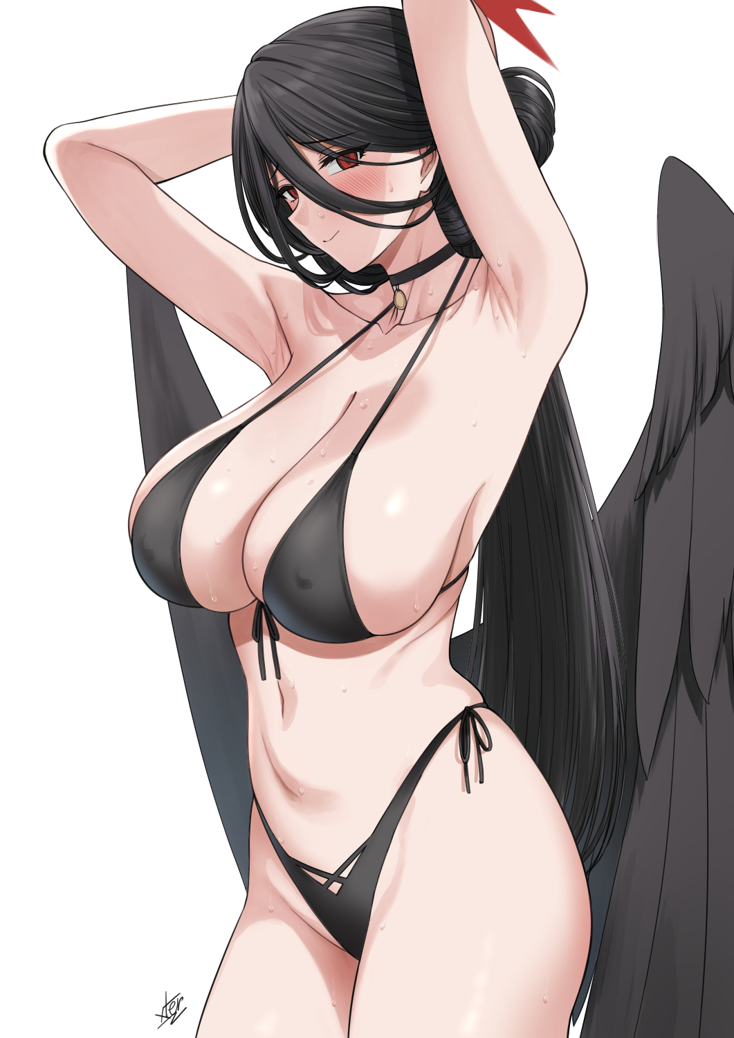 1girls, armpits, arms behind head, bikini, black bikini, black hair, black wings, blue archive, blush, breasts, choker, cleavage, collarbone, female, female only, hair between eyes, hair bun, halo, hasumi (blue archive), hasumi (swimsuit) (blue archive), highres, large breasts, long hair, looking at viewer, low wings, mole, mole under eye, red eyes, red halo, solo, swimsuit, very long hair, wings, xter, xtermination