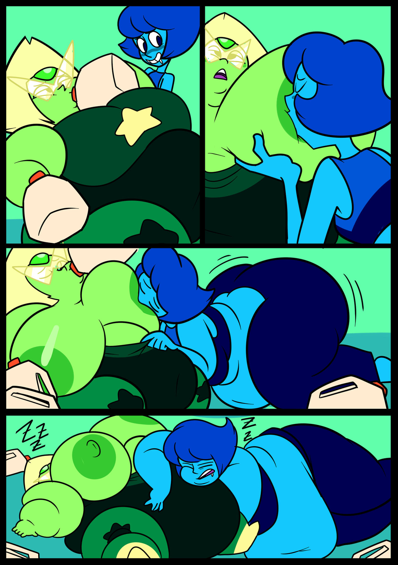 2girls, bbw, blue body, blue hair, blue skin, breastfeeding, breasts, chubby, chubby female, clothing, fat, female, female only, gem, gem (species), green body, green skin, lactating, lactation, lapis lazuli (steven universe), milk, multiple females, multiple girls, overweight, overweight female, peridot (steven universe), steven universe, superspoe, visor, weight gain, weight gain female, yellow hair, yuri