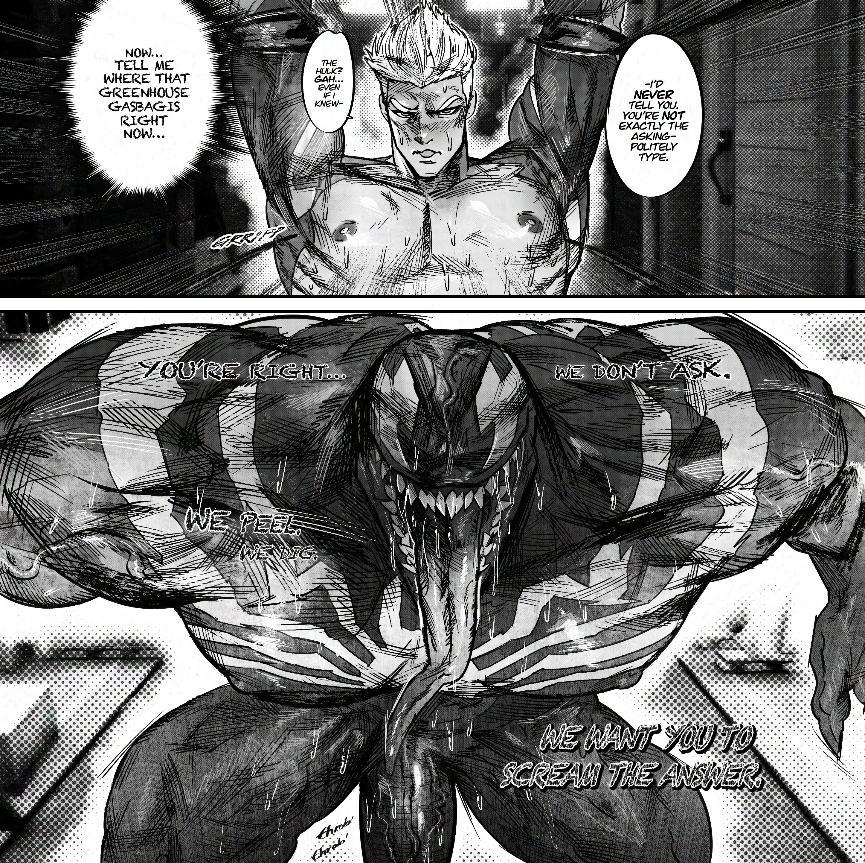 2boys, abs, absurd res, alien, bara, barayot, biceps, big muscles, big pecs, big penis, claws, dialogue, digital drawing (artwork), digital media (artwork), english dialogue, english text, gay, genitals, glans, hair, hi res, huge cock, huge muscles, huge tongue, human torch, human torch (marvel rivals), humanoid genitalia, humanoid penis, imminent rape, imminent sex, interracial, johnny storm, long hair, long tongue, male, male only, marvel, marvel comics, marvel rivals, monster, muscles, muscular, muscular male, nipples, not furry, pecs, pectorals, penis, symbiote, teeth, text, venom (marvel rivals), venom (marvel), yaoi