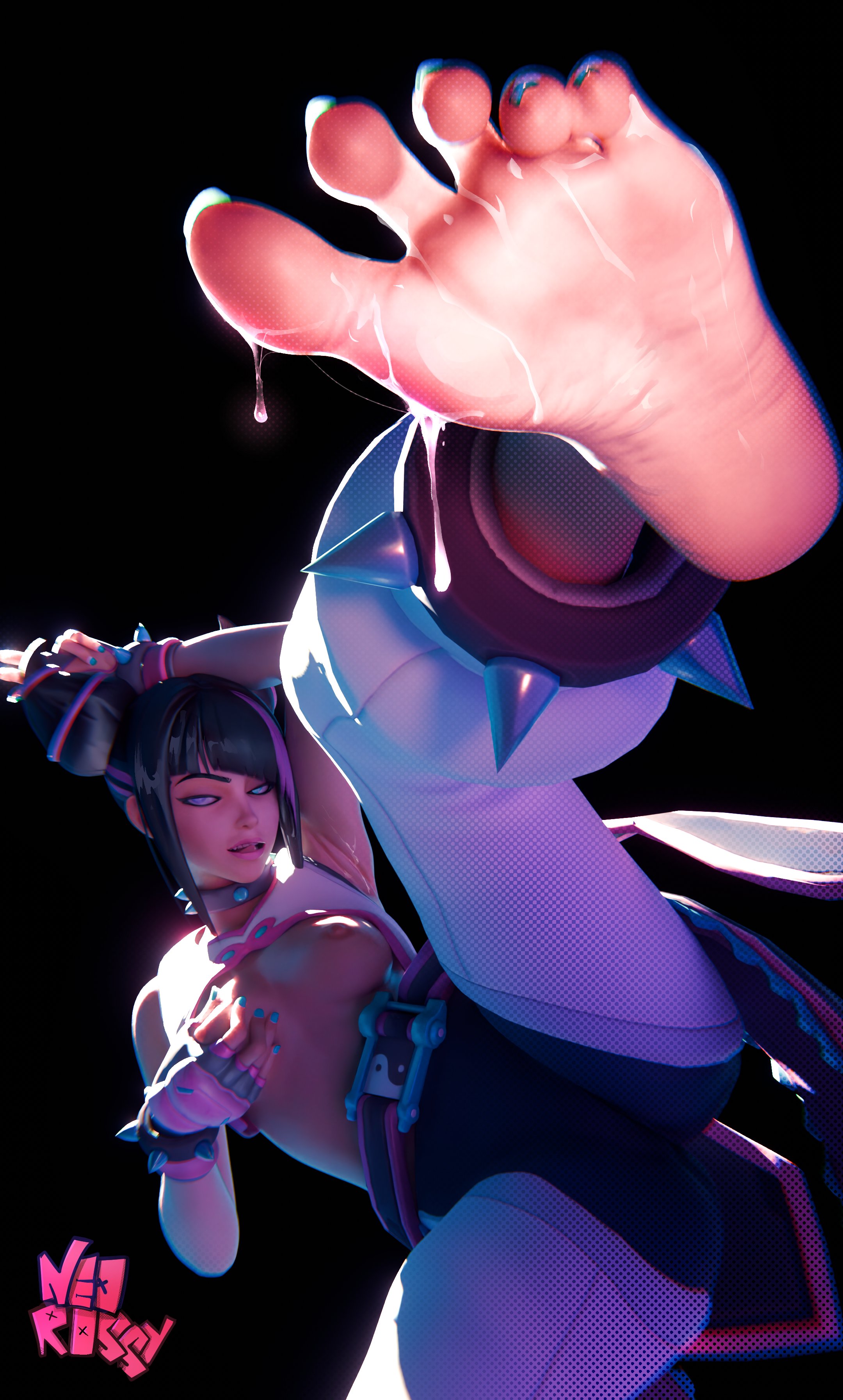 3d, barefoot, breasts, exposed breasts, feet, feet focus, feet up, female, foot fetish, foot focus, full color, juri han (cosplay), juri kiriko, kiriko (overwatch), neorossy3d, no penetration, overwatch, overwatch 2, painted nails, painted toenails, solo, solo female, street fighter, street fighter 6, sweat, sweaty armpits