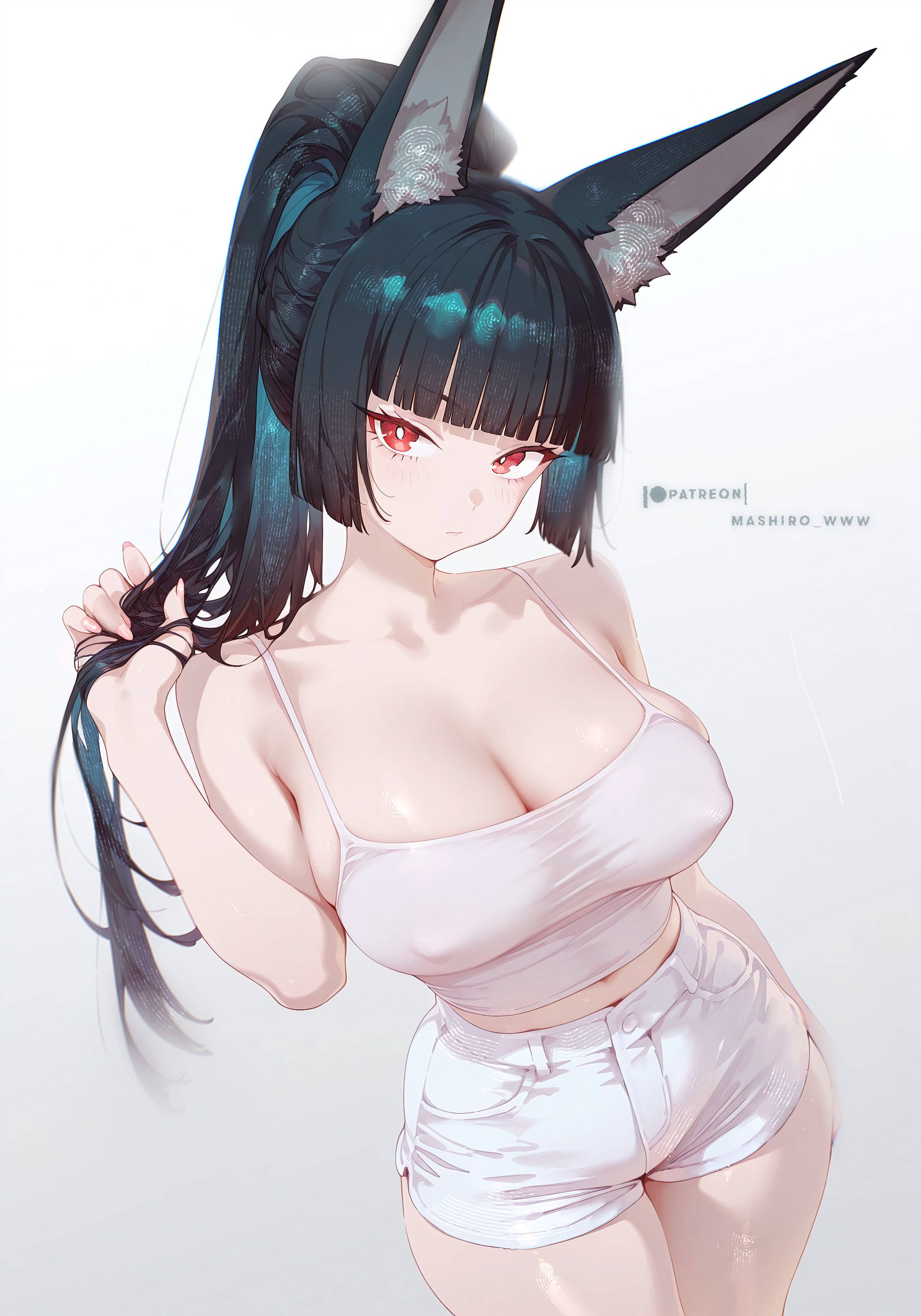 1girls, ai assisted, ai generated, animal ears, black hair, blunt bangs, breasts, female, fox ears, fox girl, highres, hoshimi miyabi, kemonomimi, light skin, light-skinned female, long hair, looking at viewer, mashiro www, navel, nipple bulge, nipples bulge, pale skin, pale-skinned female, red eyes, shiny hair, shiny skin, shorts, tagme, tank top, thiren, white shirt, white shorts, zenless zone zero