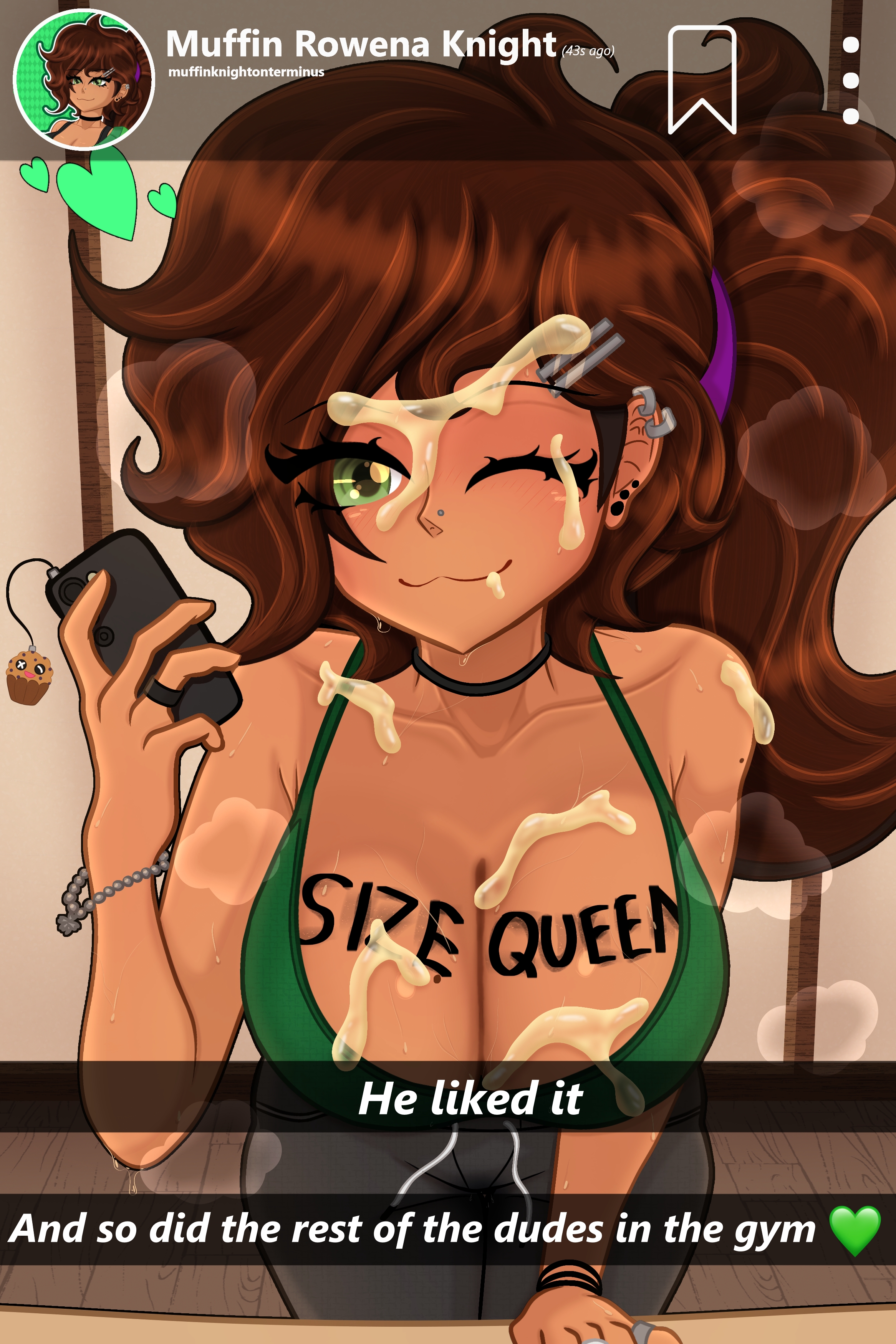 1girls, after sex, body writing, breasts, brown hair, bukkake, caption, choker, cleavage, cleavage focus, cum, cum drip, cum in hair, cum on body, cum on breasts, cum on face, fake screenshot, female, green eyes, gym, gym clothes, gym uniform, hairclip, jewelry, large breasts, leggings, looking at viewer, mirror selfie, mole, mole on breast, mole under eye, muffin (muffinknight), muffinknight, nose piercing, phone, ponytail, profile picture, selfie, size queen, smiling, snapchat, social media, sports bra, sweat, sweat drip, sweatdrop, sweating, sweaty, sweaty body, sweaty breasts, sweaty face, taking picture, tan skin, tank top, user interface, wink, winking at viewer, writing on body, writing on breasts