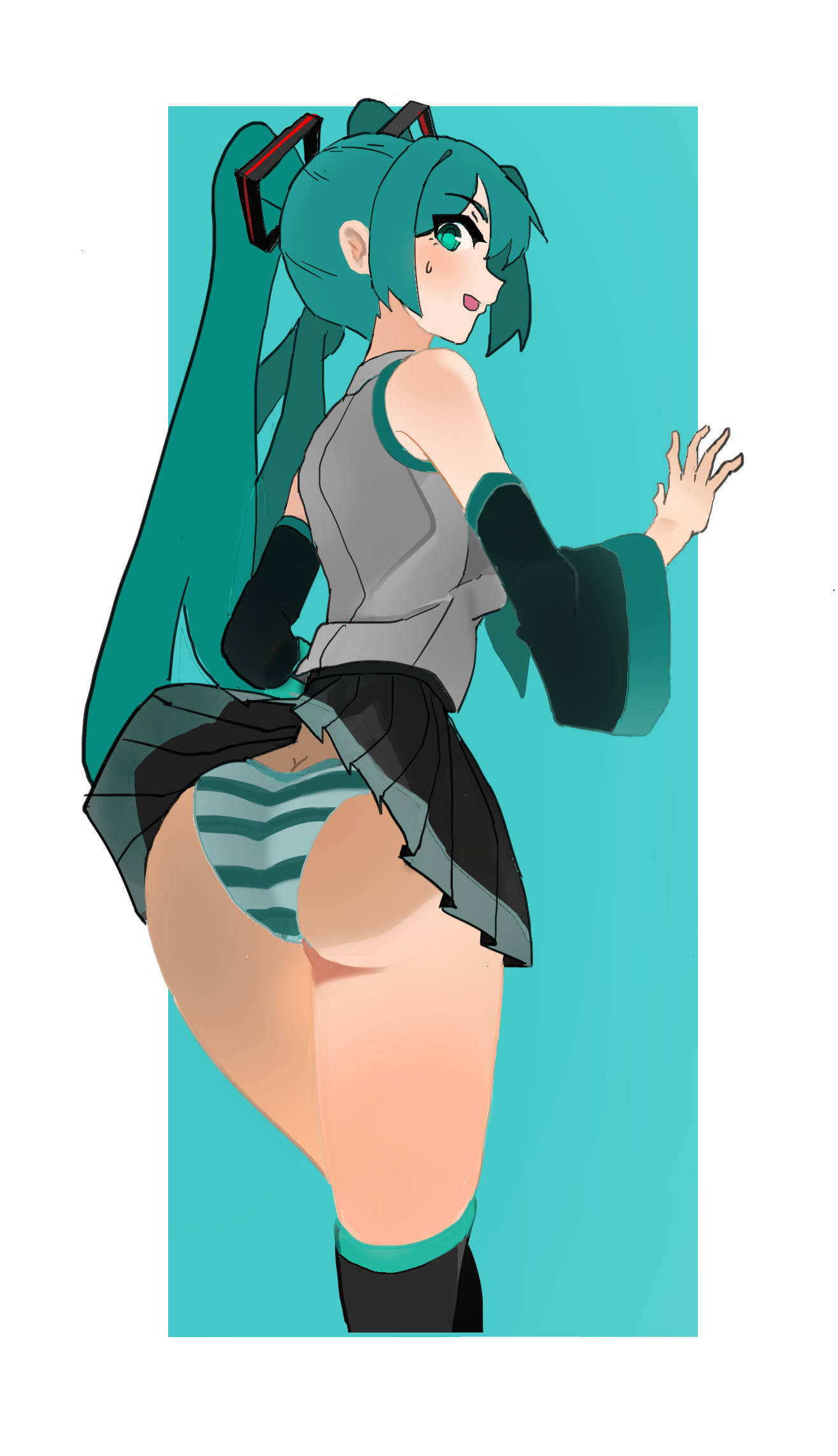 1girl, 1girls, 2025, aqua eyes, aqua hair, aqua panties, ass, bare shoulders, black skirt, black thighhighs, blush, butt crack, clothes lift, detached sleeves, female, from behind, grey shirt, hatsune miku, kneehighs, long hair, looking at viewer, looking back, necktie, open mouth, panties, pleated skirt, shirt, simple background, skirt, skirt lift, skirts, sleeveless, sleeveless shirt, smile, solo, standing, striped, striped panties, sweat, sweatdrop, tagme, thighhighs, thighs, twintails, underwear, upskirt, very long hair, vocaloid, wuming-aaa