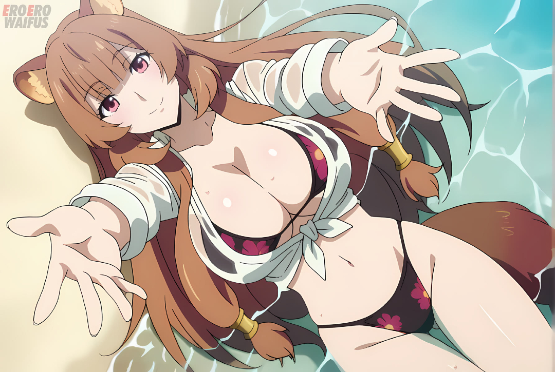 ai generated, bare thighs, beach, big breasts, bikini, breasts, brown hair, eroero waifus, female, huge breasts, huge thighs, light skin, light-skinned female, long hair, looking at viewer, massive breasts, pink eyes, raccoon ears, raccoon girl, raccoon tail, raphtalia, smiling, solo female, squatting, sweat, sweatdrop, tate no yuusha no nariagari, thick body, thick female, thick thighs, thighs, voluptuous, voluptuous female