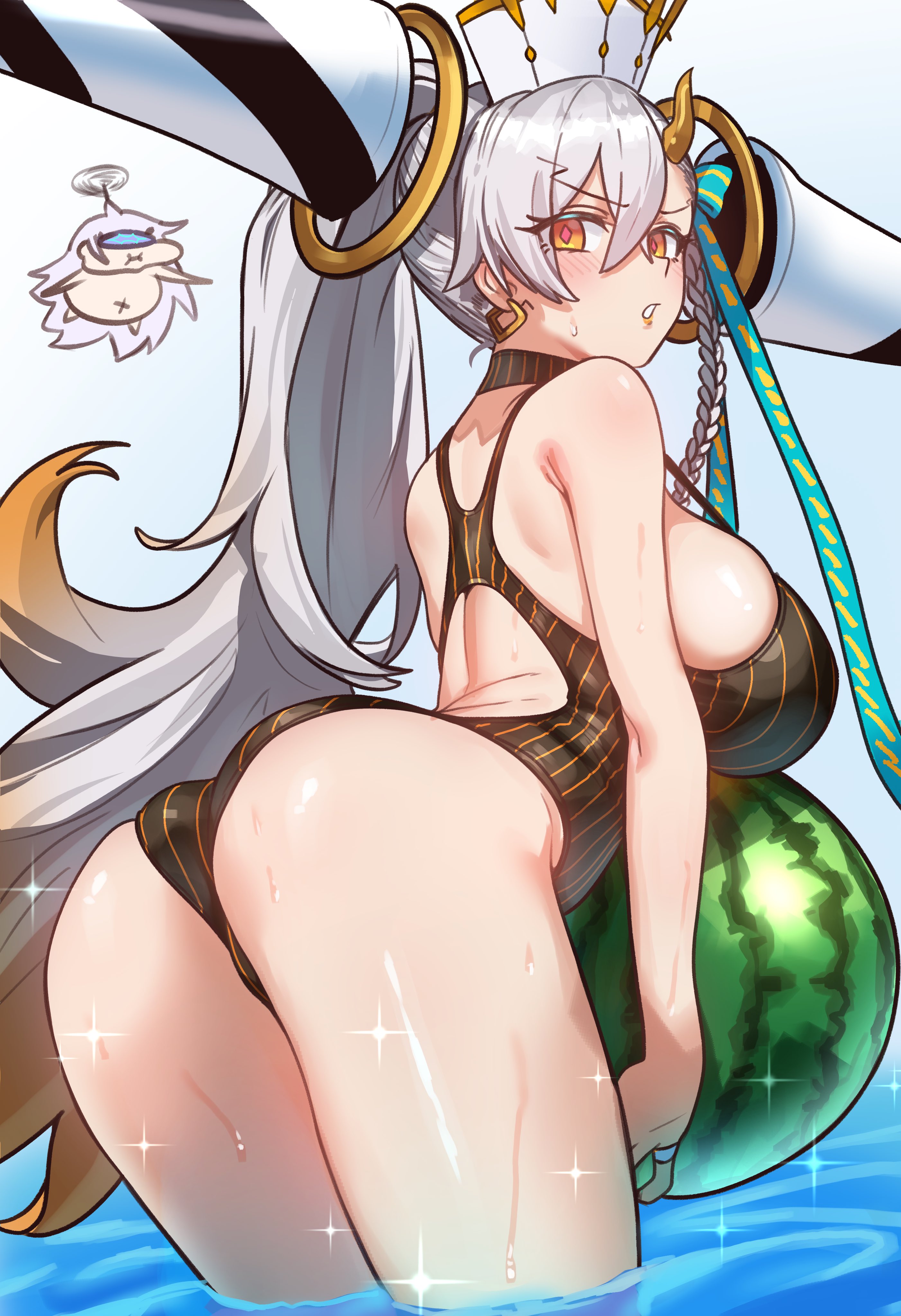 1girls, 2girls, ass, ass focus, bare shoulders, big ass, big breasts, blush, braid, breasts, earrings, ebora, fate (series), fate/grand order, female, female only, horn, light-skinned female, long hair, looking at viewer, looking back, melon, melusine (fate), olga marie animusphere, one-piece swimsuit, sideboob, solo, swimsuit, thick thighs, tied hair, tight clothing, u-olga marie, watermelon, white hair, wide hips, youngmanisdown