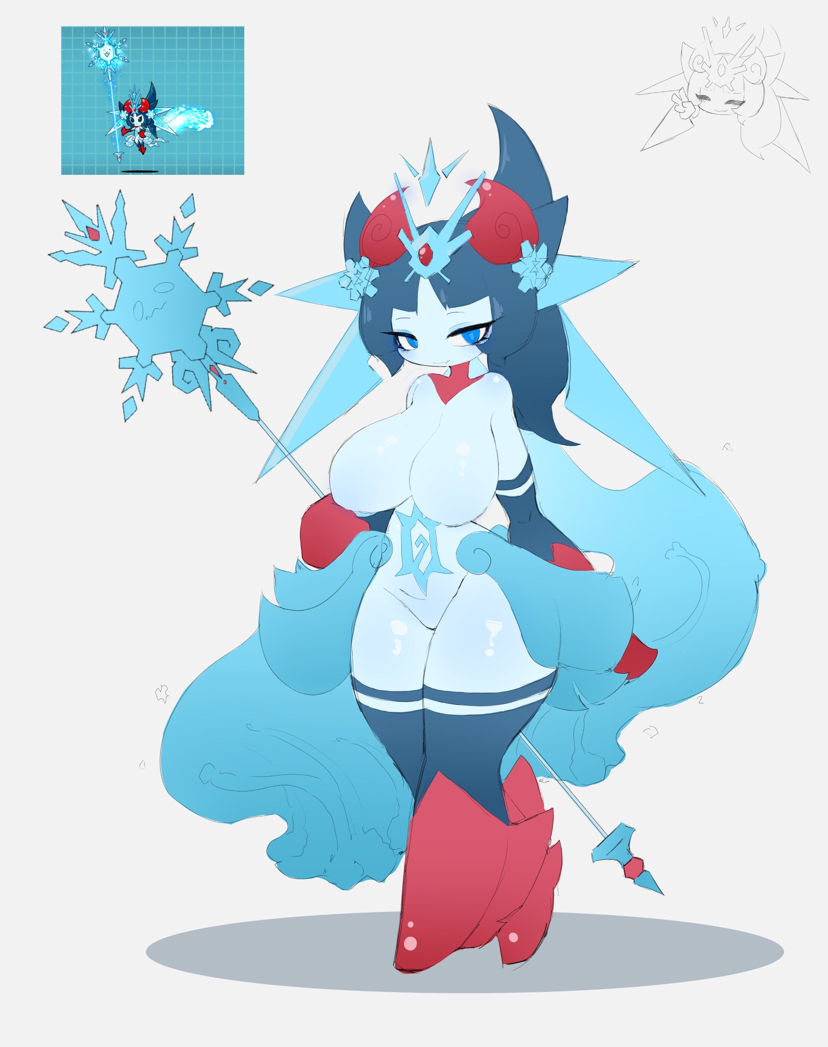 0w0, 1girls, 2d, 2d (artwork), anthro, anthro female, blizarena, blizarena (the battle cats), blue eyes, breasts, color, colored, elemental creature, elemental humanoid, elemental pixies, enexofme, eyebrows, eyelashes, female, female only, gem, gem on forehead, hair, hi res, highres, ice cloak, ice creature, ice humanoid, ice staff, looking at viewer, reference image, simple background, simple shading, staff, symbol, symbol on belly, the battle cats, thick, thick thighs, thighs, video game, video game character, video games