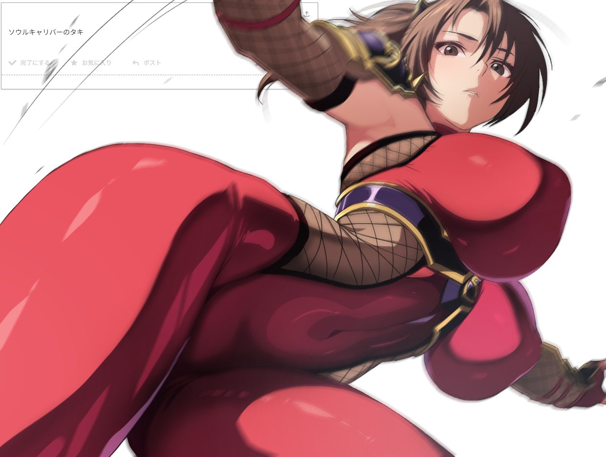 ahonoko, breasts, brown hair, female, female only, large breasts, looking at viewer, ponytail, skin tight, solo, soul calibur, soul calibur iv, taki (soulcalibur)