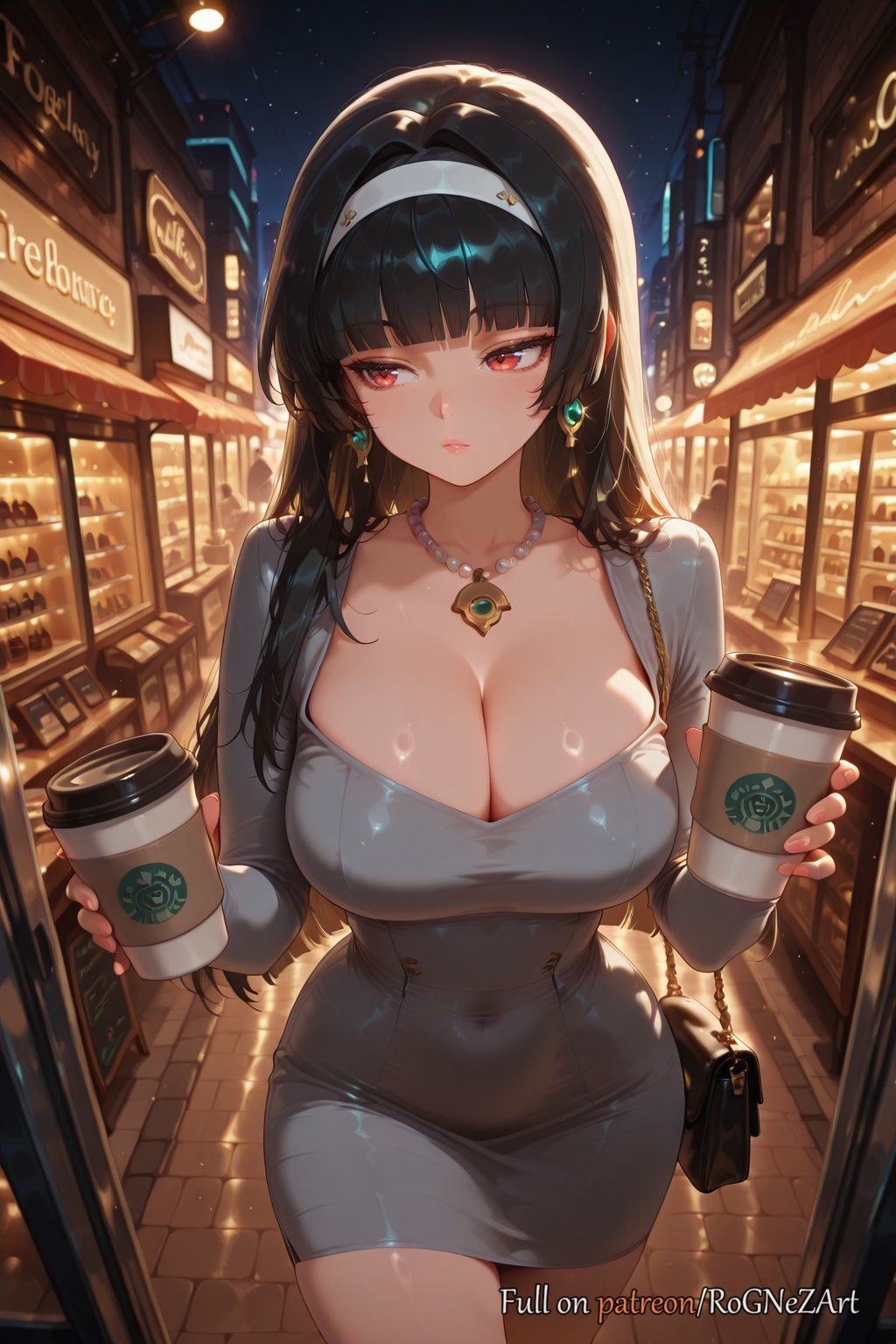 2025, ai generated, astra yao, bag, bangs, black hair, blunt bangs, blush, breasts, building, cleavage, closed mouth, coffee cup, collarbone, covered navel, cup, disposable cup, dress, earrings, female, female focus, female only, flushed, grey dress, hair accessory, hairband, handbag, holding, holding cup, hoyoverse, huge breasts, jewelry, large breasts, long hair, long sleeves, looking away, looking to the side, mihoyo, necklace, neutral expression, night, night sky, outdoors, red eyes, rognezart, short dress, sky, solo, standing, star (sky ), very long hair, white hairband, zenless zone zero