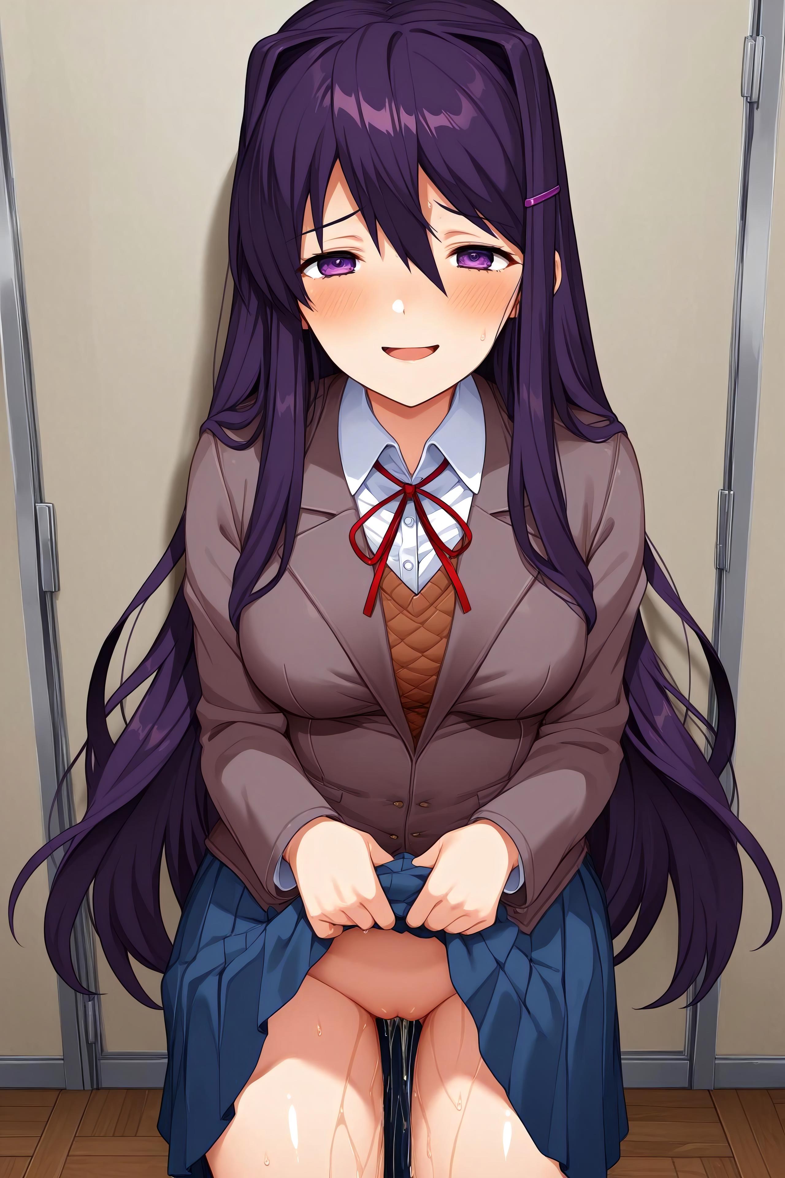 1girls, ai generated, breasts, crazy eyes, crazy female, doki doki literature club, female, flashing, flashing breasts, masturbation, peeing, peeing self, pussy, shiny skin, solo, thick ass, thick thighs, urine, vagina, wet, wet legs, wet thighs, yuri (doki doki literature club)