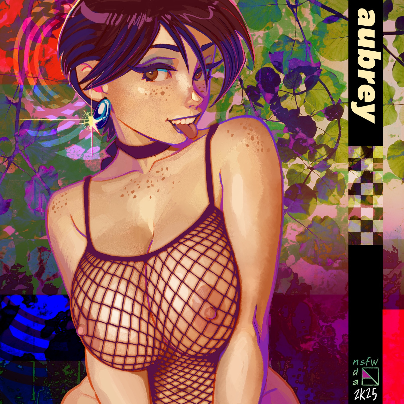 2d, 2d (artwork), 2d artwork, aubrey (sea legs), black choker, blue earrings, breast squish, breasts, brown eyes, brown hair, earrings, exposed nipples, eye makeup, eyeshadow, female, fishnet clothing, fishnet shirt, fishnet topwear, fishnets, freckles, freckles on chest, freckles on face, freckles on shoulders, fuck me eyes, leaning forward, looking at viewer, makeup, medium breasts, ndasfw, nipples, pinup, pinup pose, seductive, seductive eyes, seductive gaze, seductive look, seductive pose, shading, soft breasts, squished breasts, teeth, teeth showing, tongue out