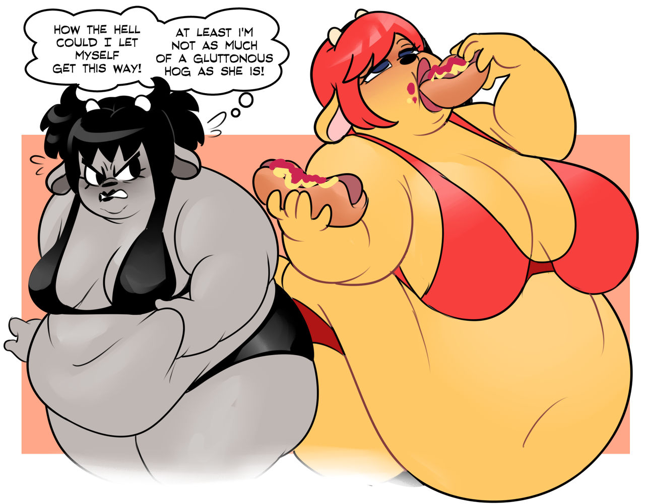2girls, bbw, belly, big belly, bikini, envy, fat, fat female, fat fetish, female, furry, furry female, goat girl, goat horns, grabbing belly, grey fur, horns, hotdog, huge belly, lammy lamb, massive belly, obese, obese female, overweight, overweight female, parappa the rapper, rammy lamb, superspoe, um jammer lammy, weight gain