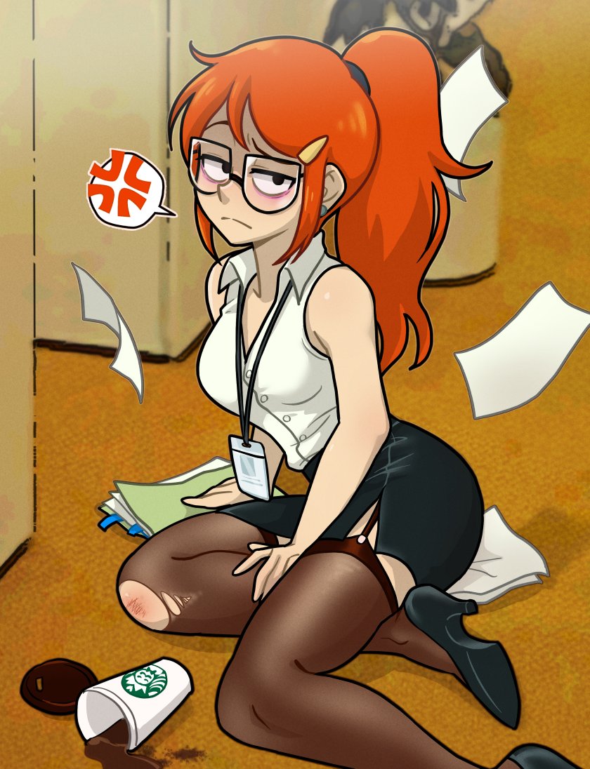 aged up, annoyed, big ass, big butt, big titties, breasts, centinel303, clothing, coffee, curvaceous, curvaceous female, curvaceous figure, curvy, curvy figure, curvy hips, female, female focus, female only, garter straps, glasses, high heels, infinity train, long hair, office clothing, office lady, on floor, orange hair, pencil skirt, ponytail, ripped pantyhose, sleeveless shirt, starbucks, tana351, thighhighs, tulip olsen