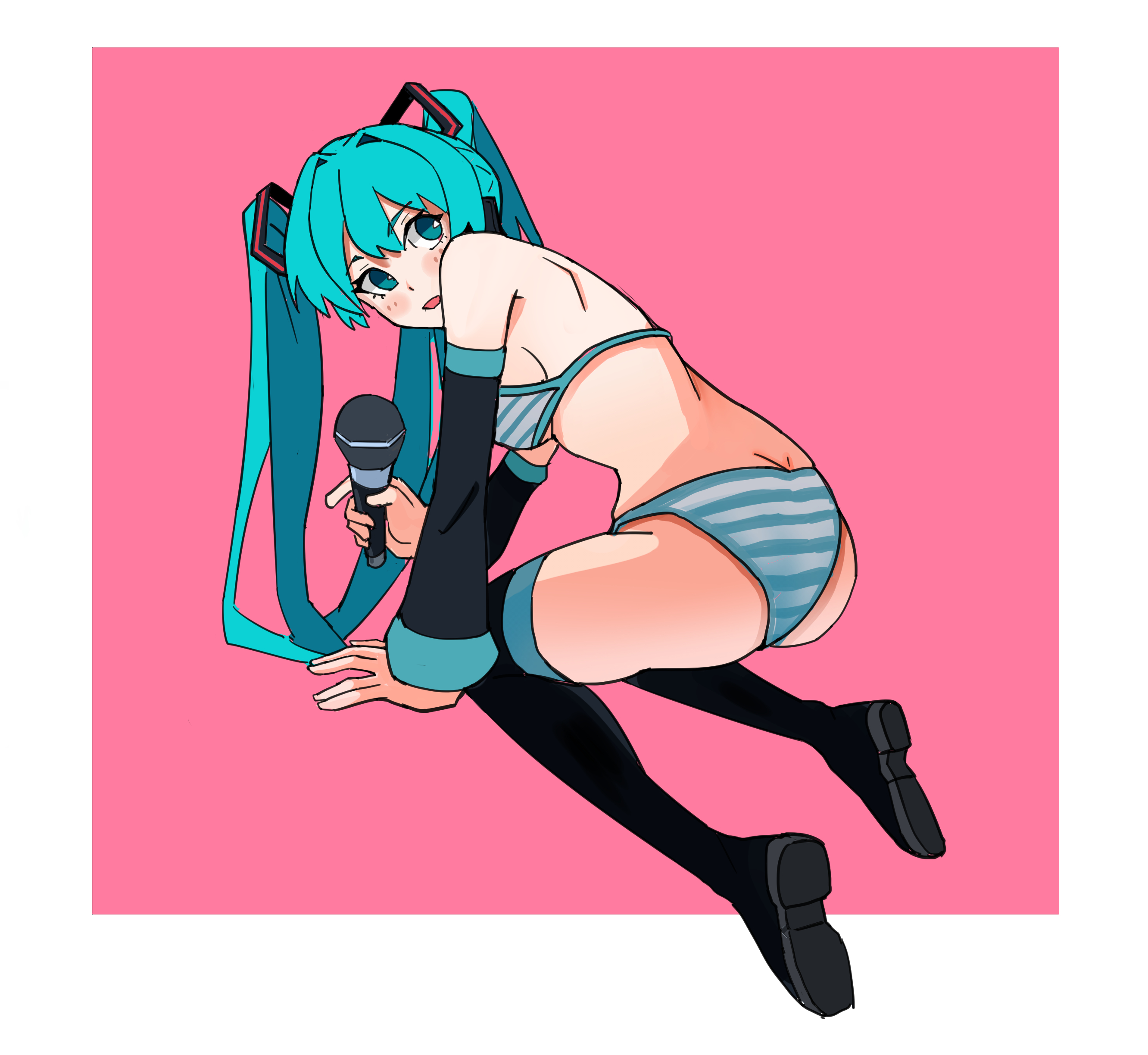 1girl, 1girls, 2024, all fours, aqua eyes, aqua hair, aqua panties, ass, black footwear, black thighhighs, blush, boots, bra, breasts, detached sleeves, female, from behind, full body, hair ornament, hatsune miku, hatsune miku (collared bikini), headphones, holding, holding microphone, kneeling, long hair, looking at viewer, looking back, microphone, open mouth, panties, pink background, sideboob, simple background, solo, striped, striped bra, striped panties, tagme, thigh boots, thighhighs, twintails, underwear, underwear only, very long hair, vocaloid, wuming-aaa