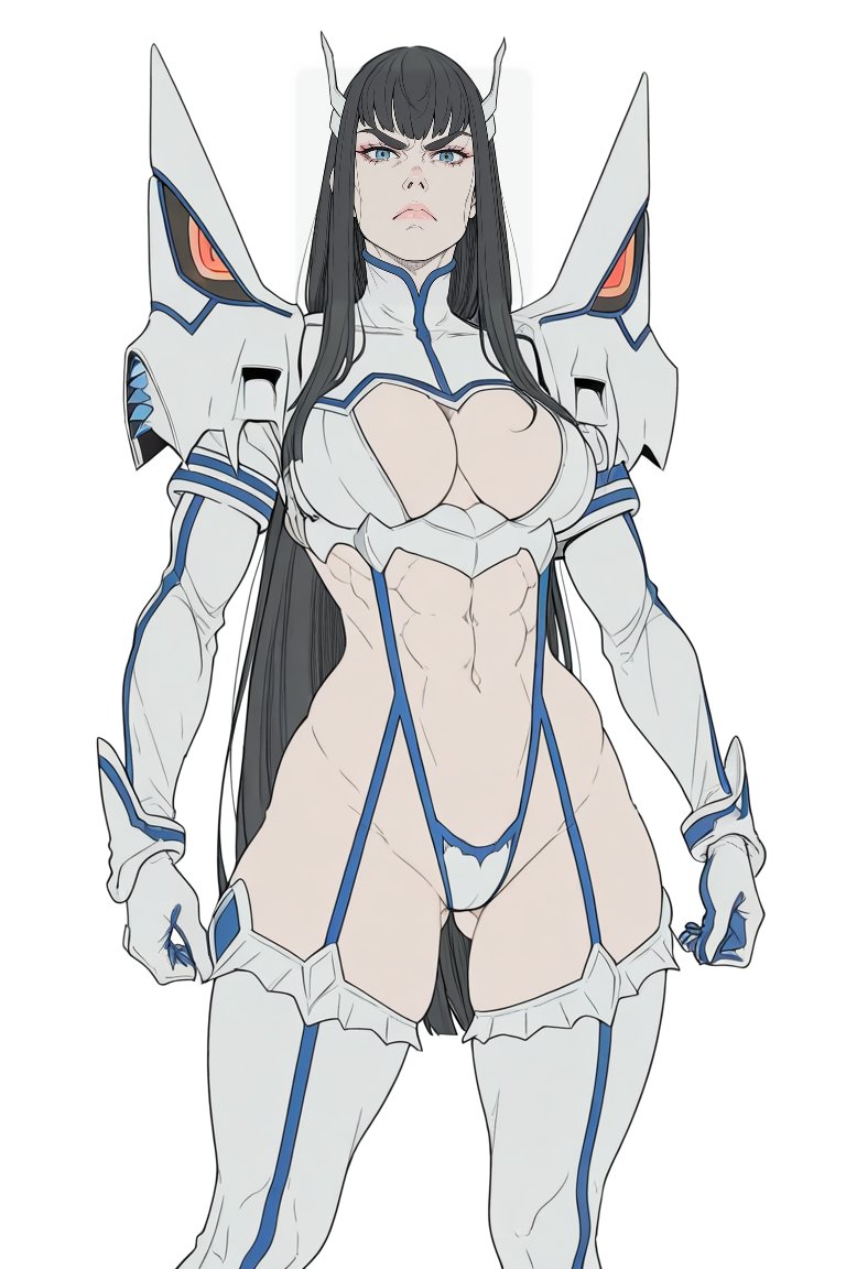 1girls, abs, angry, black hair, black-haired female, junketsu, kill la kill, kiryuuin satsuki, looking at viewer, revealing clothes, thick eyebrows, white background