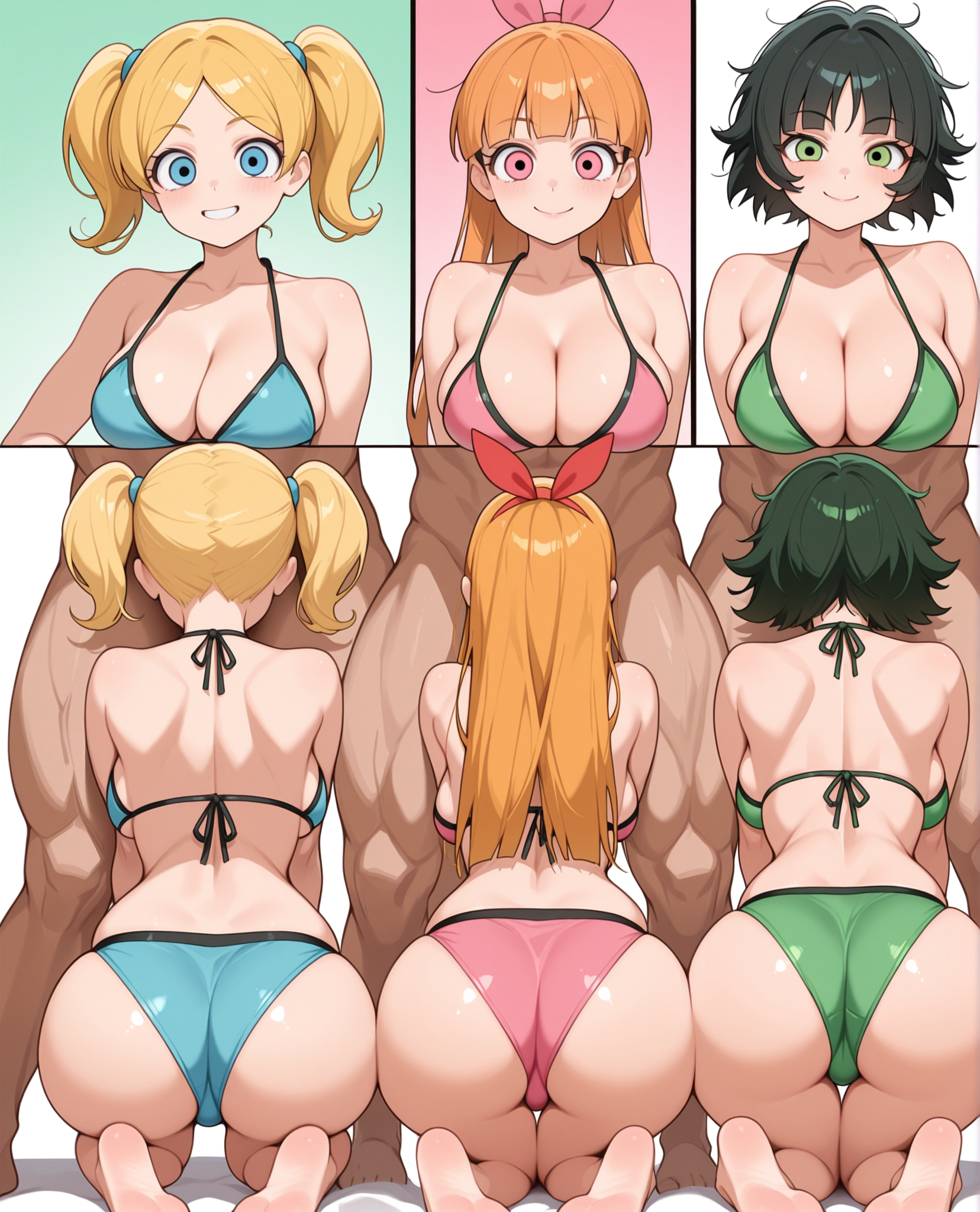 2d, 3boys, 3girls, aged up, ai generated, ass, ass focus, backboob, bikini, black hair, blonde hair, blossom (powerpuff girls), blue eyes, bow, breasts, bubbles (powerpuff girls), buttercup (powerpuff girls), cartoon network, cleavage, female, femsub, green eyes, halter bikini, halterneck, implied fellatio, implied oral, implied sex, long hair, male, maledom, multiple females, multiple girls, multiple views, muscular, muscular male, notreallyhere, orange hair, pink eyes, powerpuff girls, short hair, sisters, skindentation, tagme, toonami, twintails