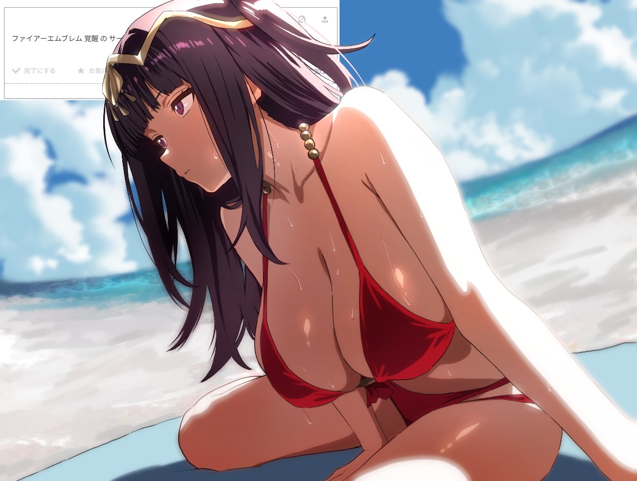 ahonoko, arm support, armpit crease, beach, beach towel, bikini, black hair, blue sky, blunt bangs, breasts, circlet, cleavage, closed mouth, cloud, collarbone, day, female, female only, fire emblem, gold circlet, horizon, large breasts, long hair, looking ahead, multi-strapped bikini bottom, nintendo, ocean, on ground, outdoors, purple eyes, red bikini, sitting, sky, solo, sweat, swimsuit, tharja (fire emblem), tharja (summer) (fire emblem), towel, water, yokozuwari