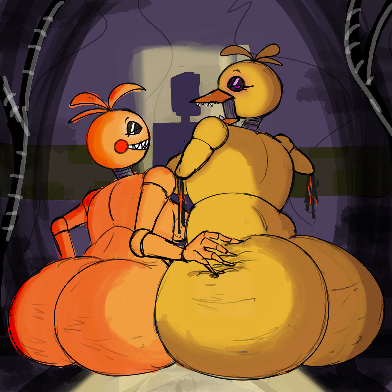 2girls, animatronic, animatronic female, ass, big ass, big breasts, breasts, cheetard, chicken, chicken girl, female, five nights at freddy's, five nights at freddy's 2, robot, robot girl, scottgames, toy chica (fnaf), withered chica