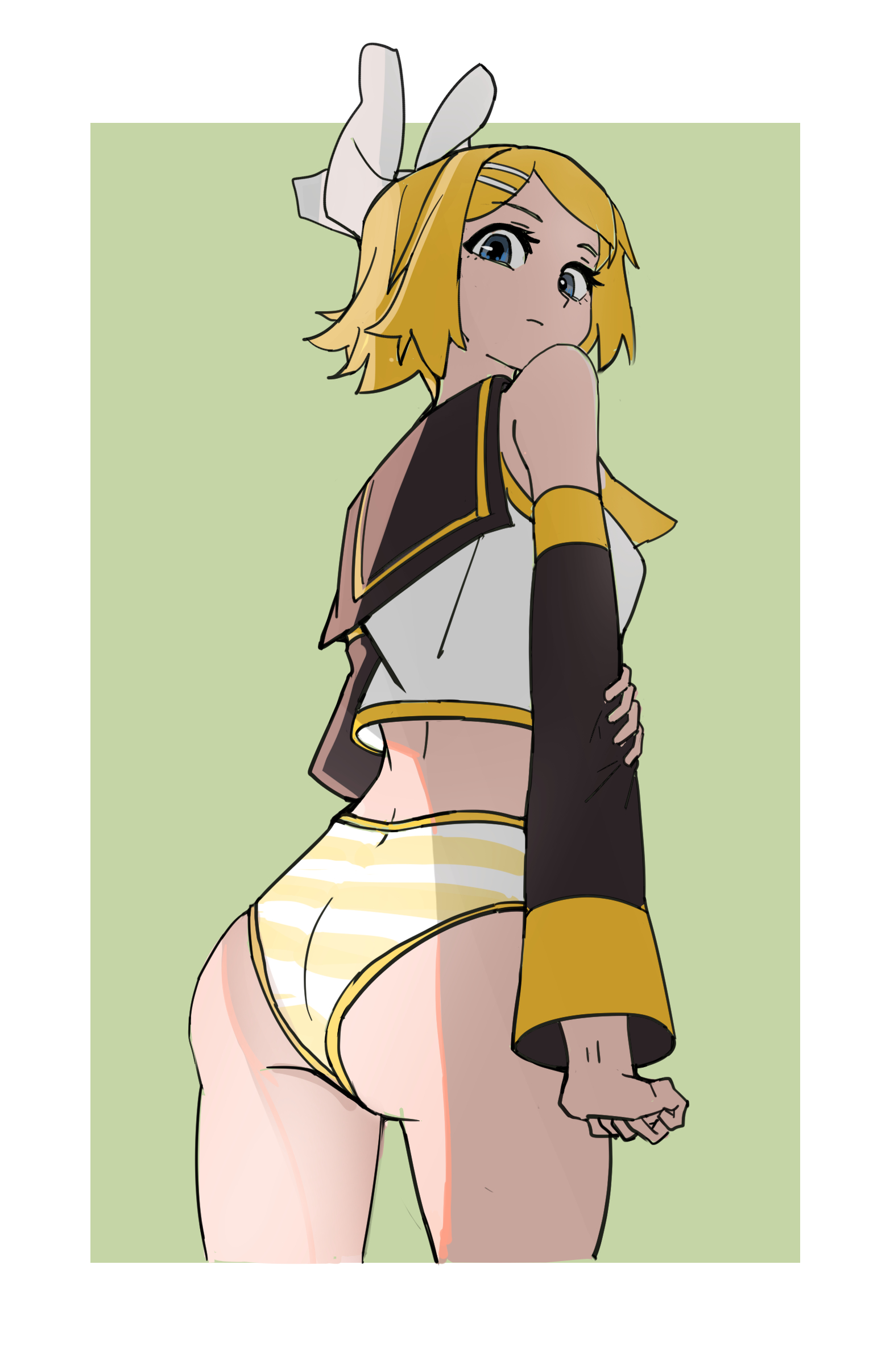 1girls, 2024, ass, blue eyes, bow, detached sleeves, female, hairbow, kagamine rin, looking at viewer, looking back, no pants, panties, short hair, standing, striped panties, tagme, vocaloid, wuming-aaa, yellow hair, yellow panties
