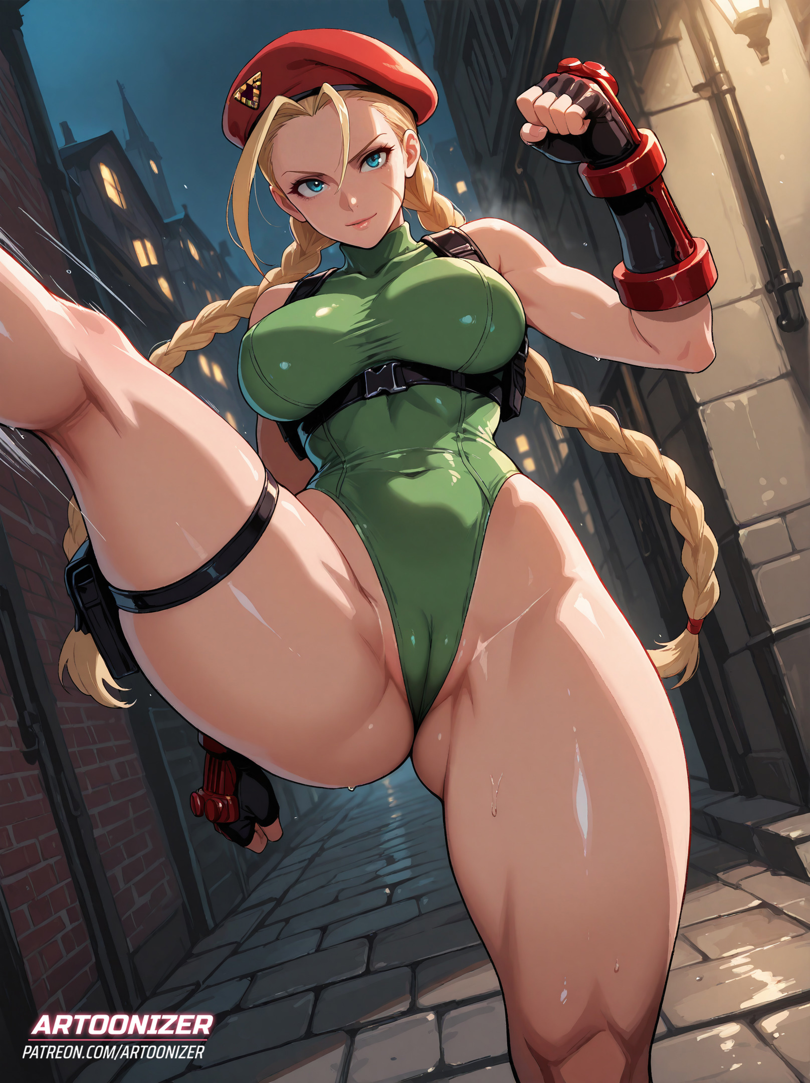 action, action pose, ai generated, artoonizer, attack, beret, big ass, big breasts, blonde hair, blue eyes, braid, braided hair, breasts, cammy white, capcom, chest belt, female, fight, gauntlets, handwear, highleg leotard, huge breasts, kicking, leg up, leotard, light skin, light-skinned female, long hair, muscular, muscular legs, muscular thighs, narrow waist, posing, pussy, scar, scar on cheek, scar on face, solo, solo female, solo focus, spread legs, street, street fighter, sweat, thick thighs, thigh holster, thighs, twin braids