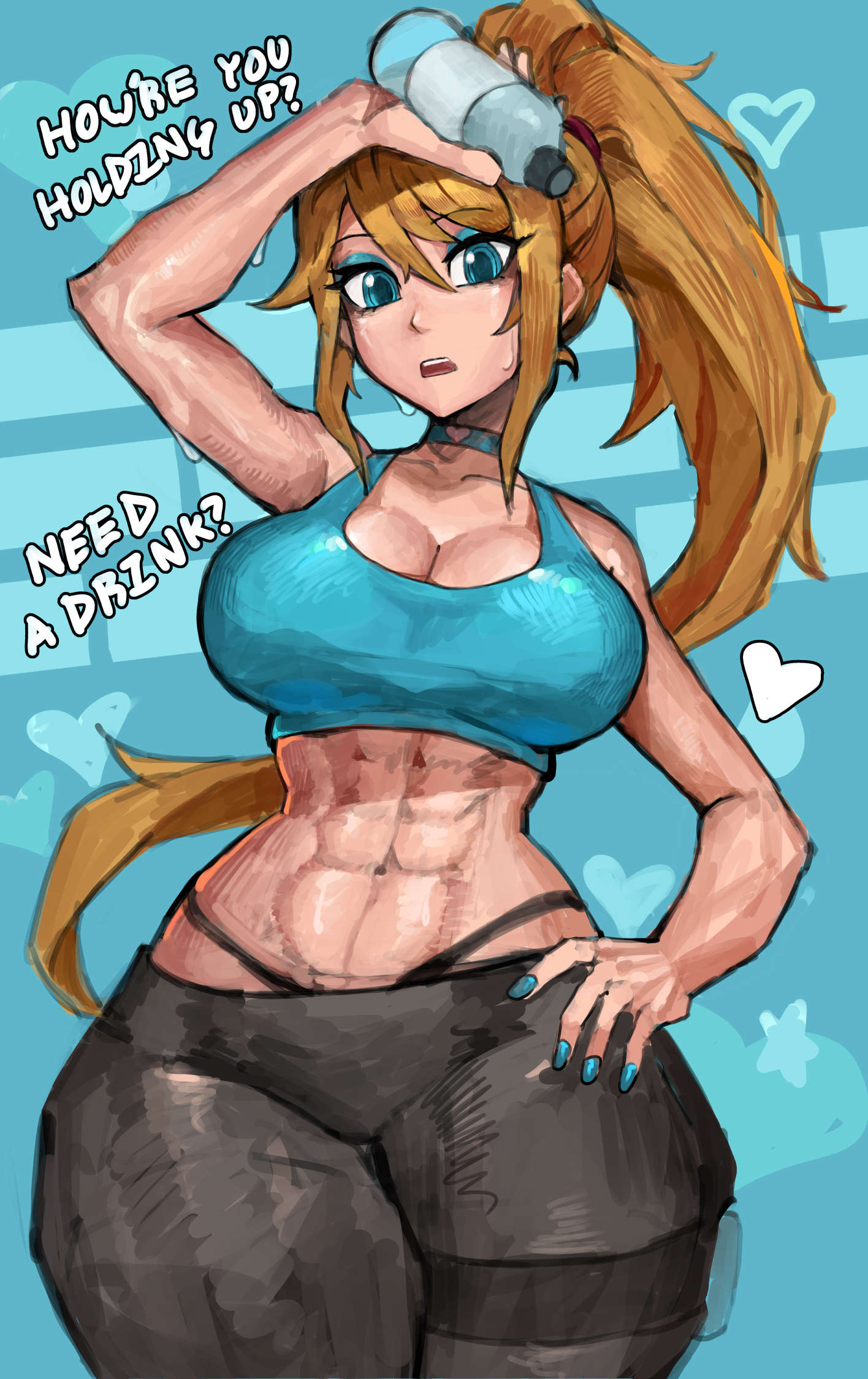 1girls, abs, blonde hair, blue eyes, cleavage, english text, eyeshadow, female, female focus, female only, fully clothed, gym clothes, hi res, hips, long hair, looking at viewer, makeup, metroid, midriff, nail polish, nintendo, painted fingernails, painted nails, ponytail, saiykik, samus aran, solo, text, thick thighs, thighs, wide hips