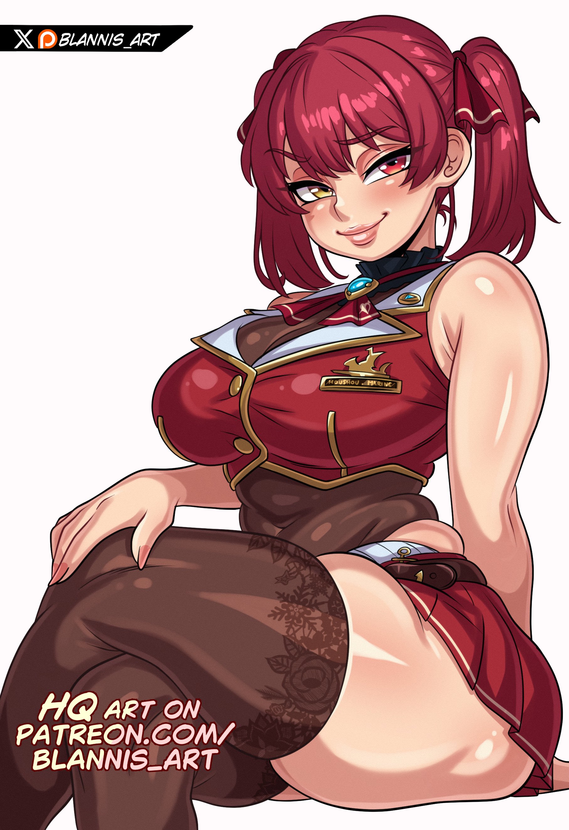 absurdres, ascot, bare shoulders, blannis art, breasts, cleavage, commentary, cropped jacket, crossed legs, english commentary, female, female only, hair ribbon, heart, heart necklace, heterochromia, highres, hololive, houshou marine, houshou marine (1st costume), jacket, jewelry, large breasts, leotard, leotard under clothes, looking at viewer, naughty face, necklace, red ascot, red eyes, red hair, red jacket, ribbon, see-through cleavage, see-through clothes, see-through leotard, skirt, sleeveless, sleeveless jacket, smile, solo, thick thighs, thighhighs, thighs, twintails, virtual youtuber, yellow eyes