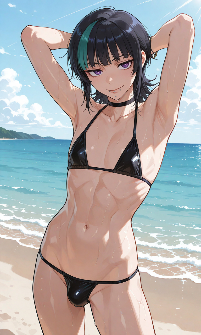 ai art, ai generated, arms up, beach, beach background, bikini, crossdressing, femboy, feminine faced male, feminine male, fit, fit femboy, hands behind head, hoshi kirara, jujutsu kaisen, kirara hoshi, lip piercing, otokonoko, penis under bikini, sole femboy, tomgirl