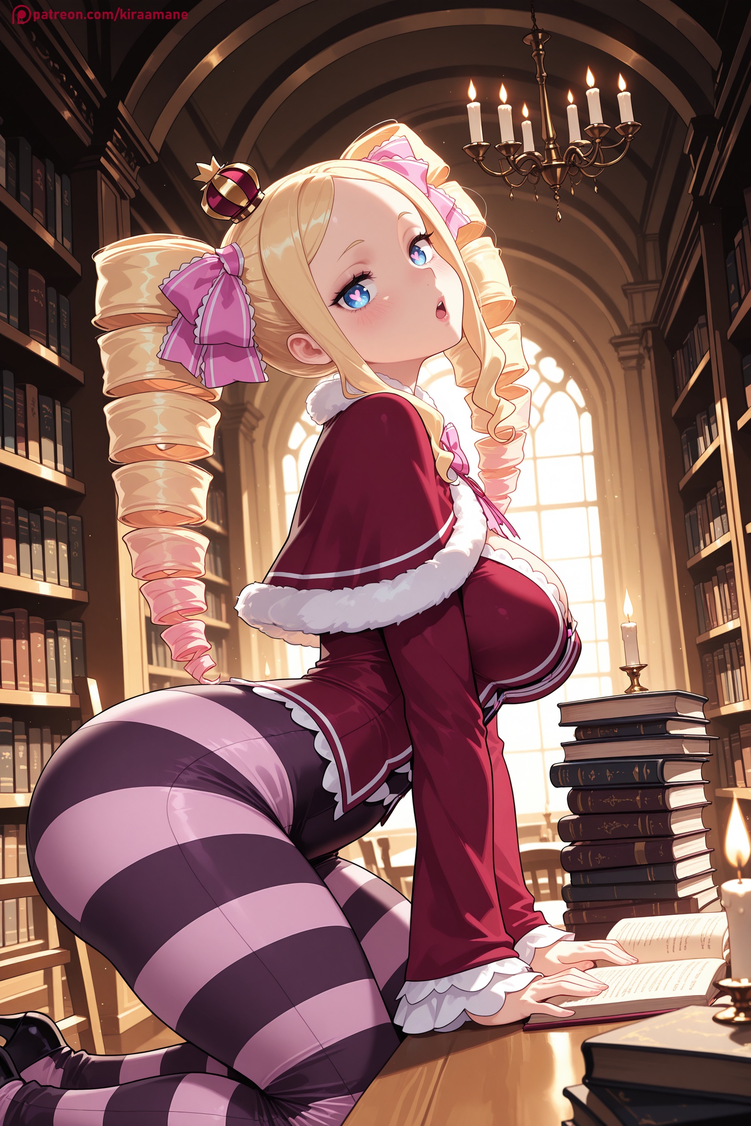1girl, ai generated, all fours, ass, bangs, beatrice (re:zero), blonde hair, blue eyes, blush, book, bookshelf, breasts, capelet, crown, drill hair, fur trim, hair ribbon, hi res, high quality, high resolution, indoors, kiraamane, large breasts, long hair, long sleeves, looking at viewer, mini crown, open mouth, pantyhose, patreon, pink hair, re:zero kara hajimeru isekai seikatsu, ribbon, seductive, sexy, solo, striped, striped legwear, symbol-shaped pupils, twin drills, twintails, uncensored, watermark
