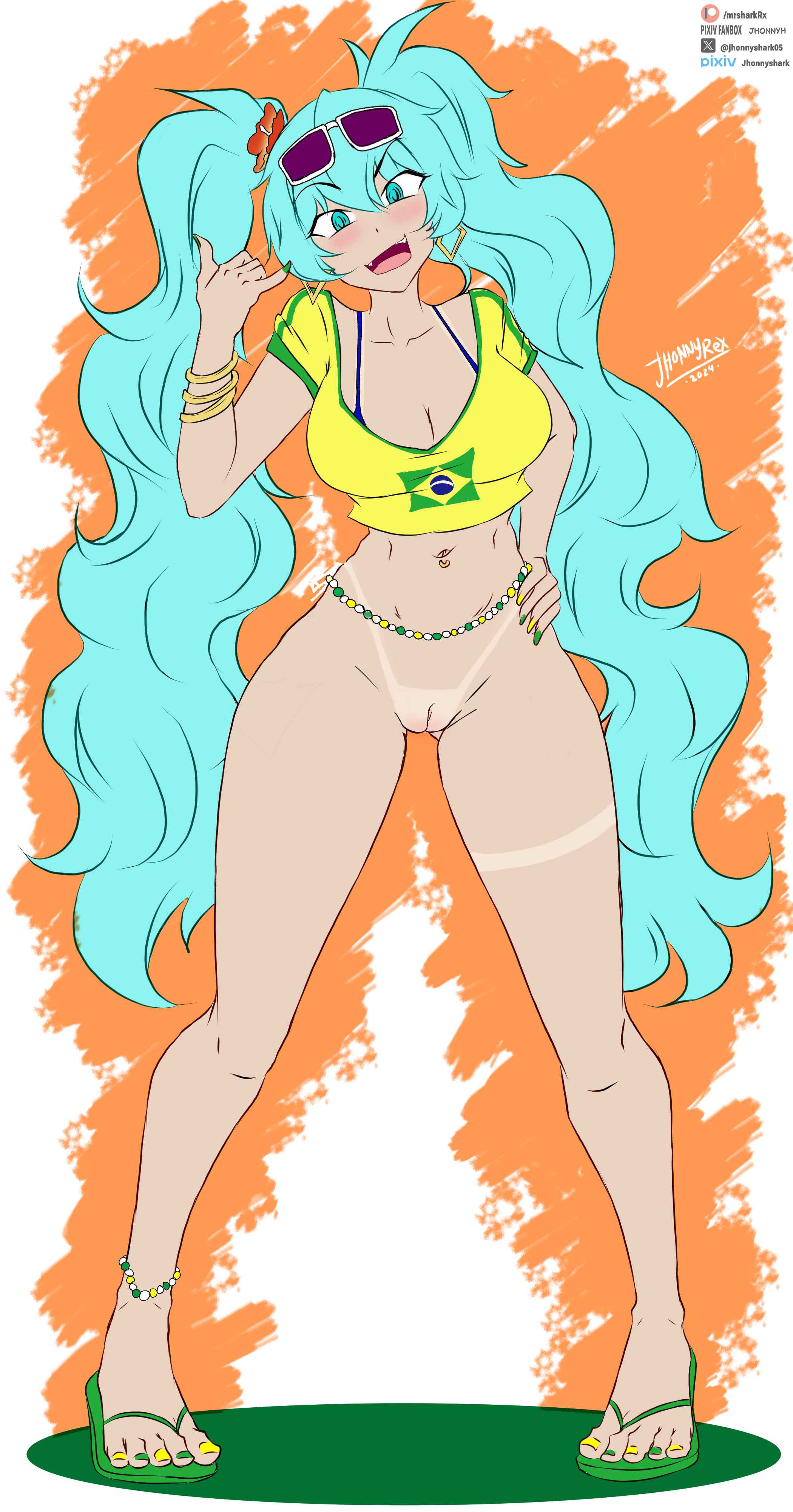 1girl, 1girls, 2024, anklet, aqua eyes, aqua hair, big breasts, bikini tan, blue eyes, blue hair, blush, bottomless, bracelet, brazilian miku, breasts, cleavage, crop top, eyewear on head, feet, full body, hand on hip, hatsune miku, high resolution, highres, jewelry, jhonnyrex, large breasts, long hair, looking at viewer, nail polish, navel, navel piercing, open mouth, painted nails, piercing, pussy, sandals, shaved pussy, solo, solo female, sunglasses, tan, tan body, tan skin, tanline, tanlines, toenail polish, toenails, twintails, vagina, very long hair, vocaloid