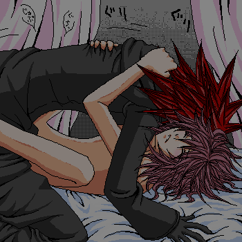 2boys axel_(kingdom_hearts) bed clothed color disney gay gloves human kingdom_hearts long_hair male male_only marluxia nude pink_hair red_hair square_enix yaoi