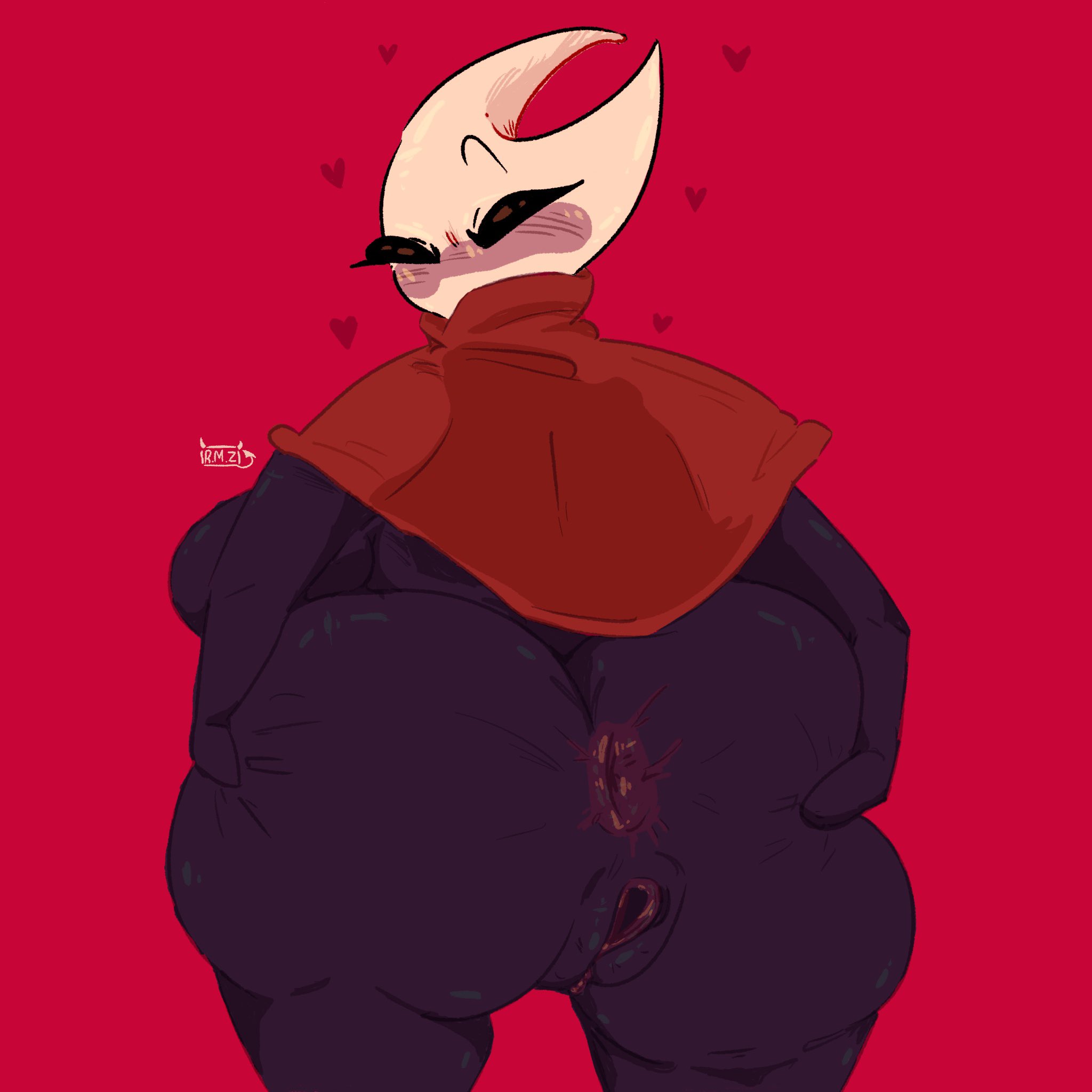2025, anthro, ass, blush, female, heart, hi res, hollow knight, hollow knight (franchise), hollow knight: silksong, hornet (hollow knight), huge ass, looking back, presenting anus, presenting hindquarters, presenting pussy, pussy, rotten meaty, solo, spread ass, spreading, thick thighs