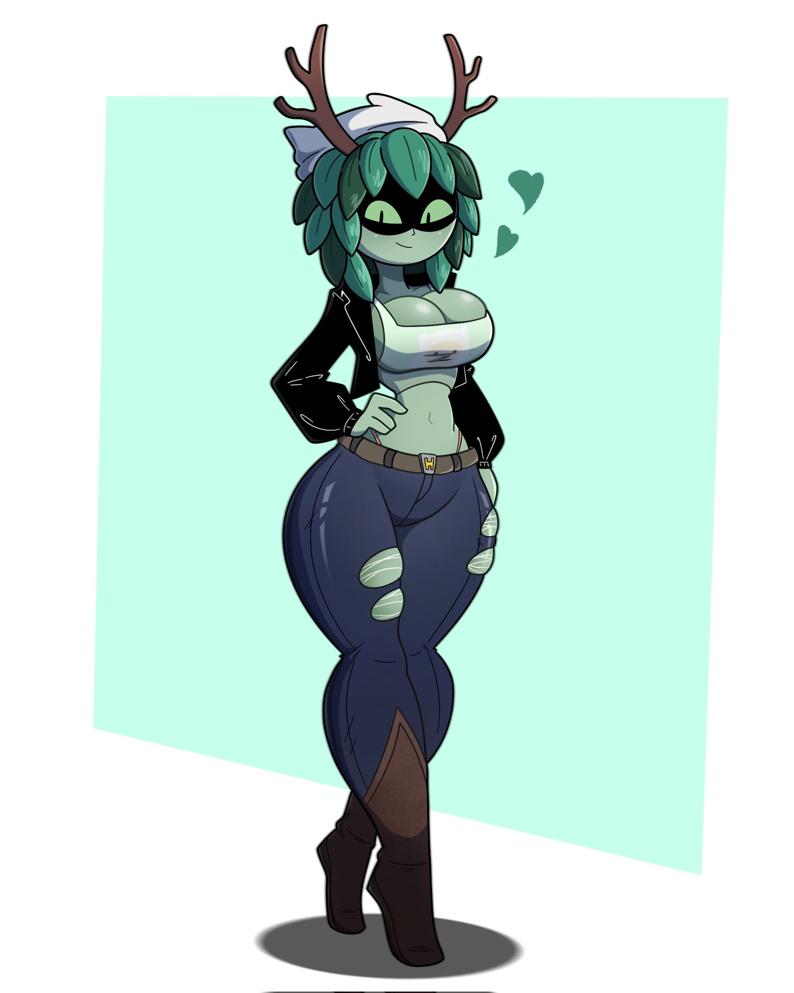 1girls, adventure time, alt fashion, alt girl, big breasts, black jacket, breasts, cleavage, dryad, goth fashion, goth girl, heart symbol, humanoid, huntress wizard, jeans, looking at viewer, perky breasts, ripped clothing, ripped pants, seductive, sexy, tagme, tagme (artist), thick thighs, thighs, wizard