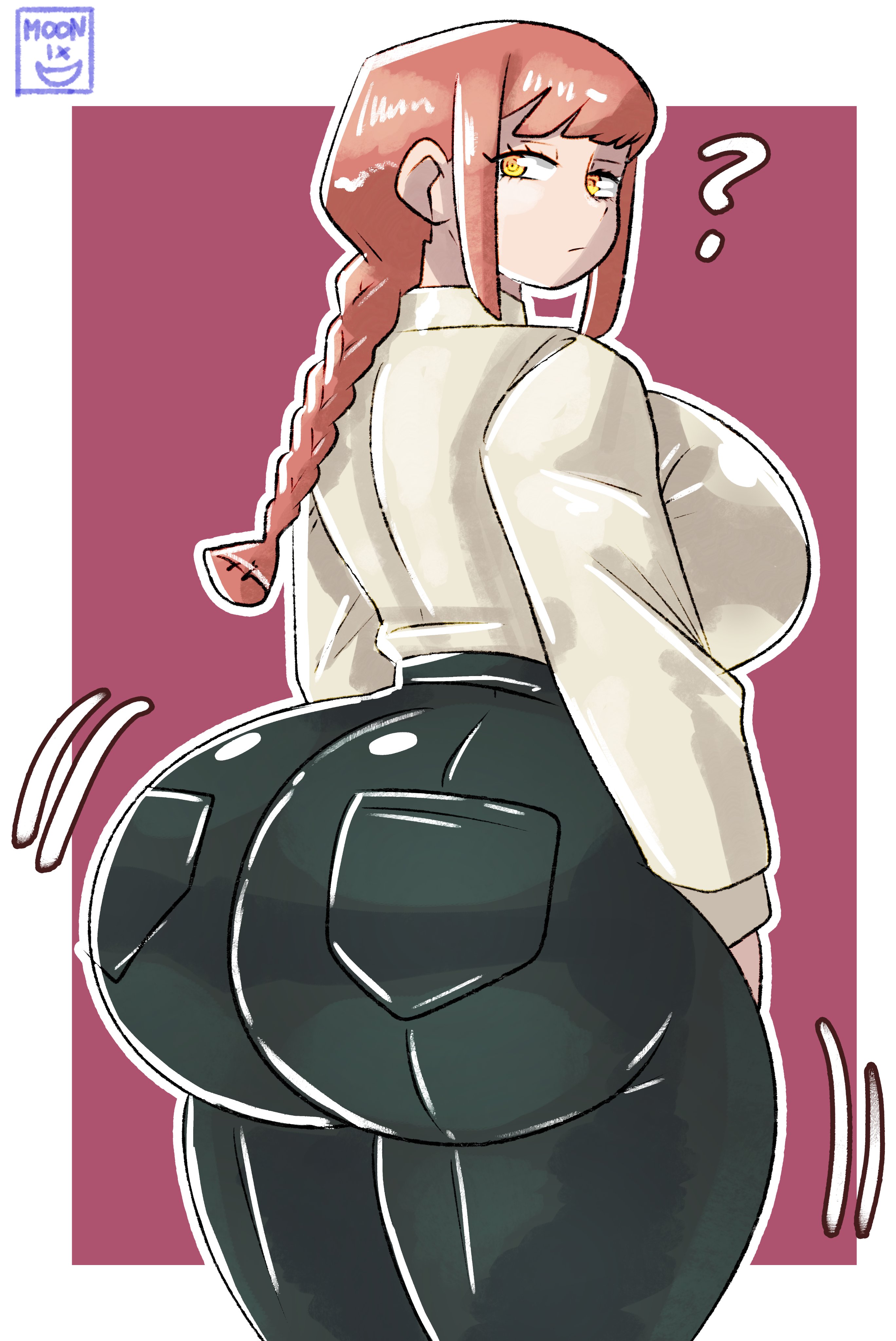1girls, ass, ass focus, back view, bangs, big ass, big butt, braid, braided ponytail, bubble ass, bubble butt, chainsaw man, closed mouth, clothed, clothed female, clothing, curvaceous, ear, eyebrows, eyelashes, face, fat ass, fat butt, female, female only, high resolution, huge ass, huge butt, indoors, jeans, large ass, light skin, light-skinned female, long hair, looking at viewer, looking back, looking down, looking over shoulder, makima (chainsaw man), moonix xero, nose, pale skin, pale-skinned female, pants, ponytail, pov, presenting, presenting hindquarters, red hair, round ass, round butt, shirt, solo, solo female, standing, text, thick ass, tied hair, tight clothing, tight fit, very high resolution, viewed from behind, voluptuous, white shirt, white skin, yellow eyes