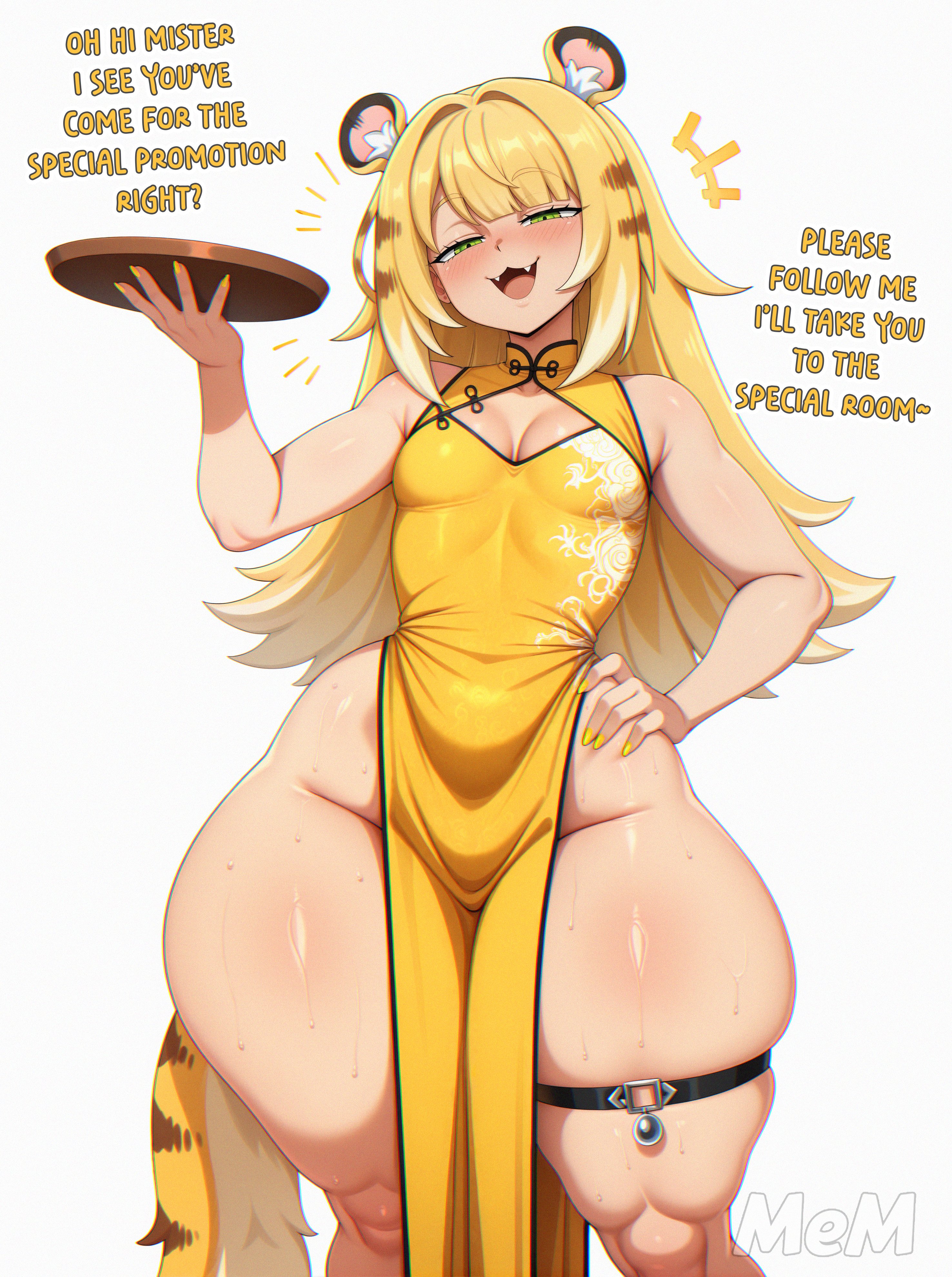 1girls, 2025, ai generated, blonde hair, blush, child bearing hips, cleavage, dialogue, el memc, female, female only, green eyes, hand on hip, horny, horny female, ju fufu, looking at viewer, looking pleasured, memch0, musk, musk clouds, small breasts, sweat, sweatdrop, sweating, sweaty, text, thick thighs, thunder thighs, tiger ears, tiger girl, tiger tail, waitress, waitress uniform, zenless zone zero
