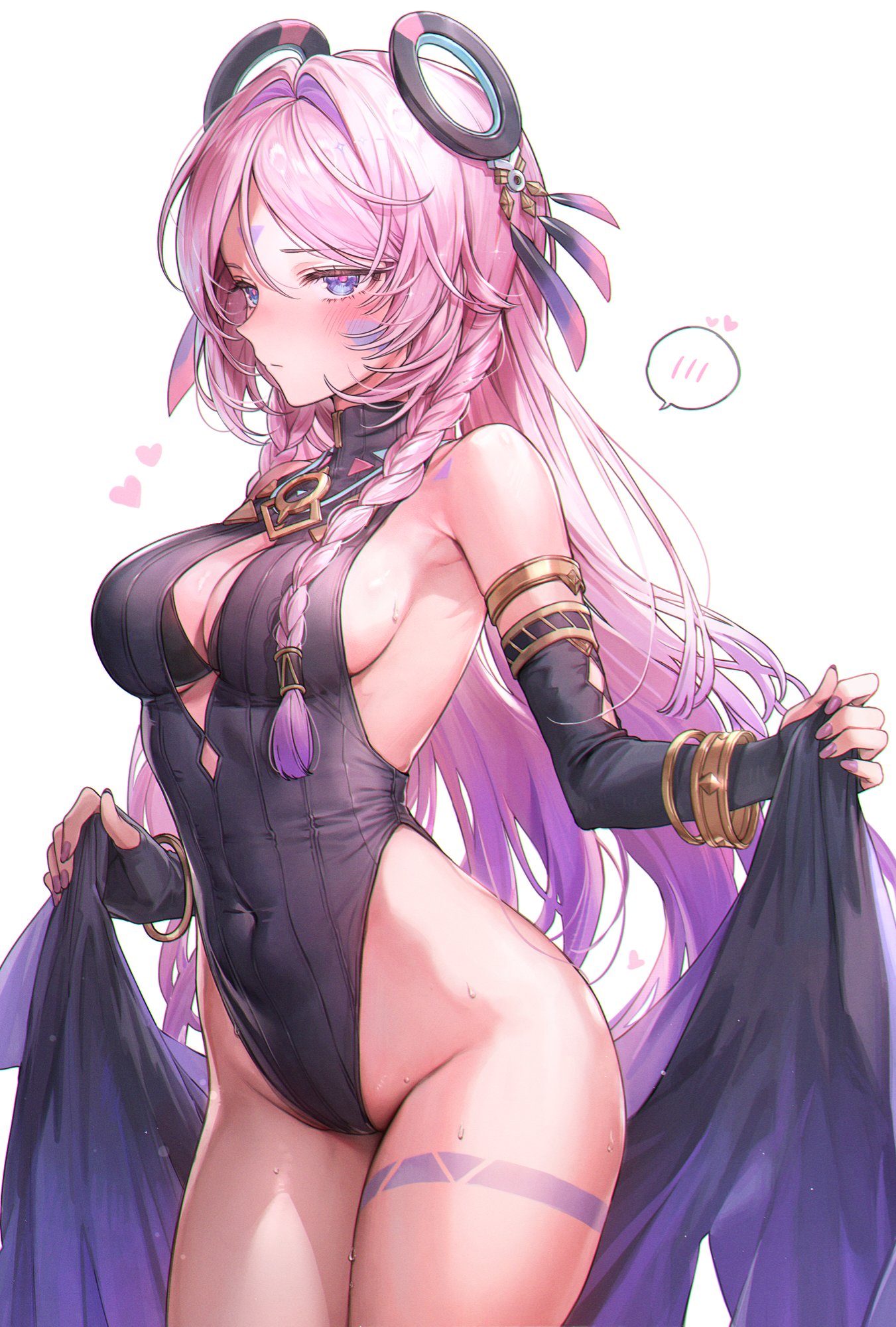 1girl, armlet, bare shoulders, blue eyes, blush, body markings, braid, breasts, citlali (genshin impact), closed mouth, commentary, covered navel, cowboy shot, elbow gloves, facial mark, fingerless gloves, fingernails, floating headgear, forehead mark, genshin impact, gloves, gradient hair, hair intakes, headgear, highleg, highleg leotard, highres, jewelry, leotard, long fingernails, long hair, looking at viewer, medium breasts, multicolored hair, nail polish, pillo, pink hair, pink pupils, purple gloves, purple hair, purple leotard, purple nails, purple sarong, sarong, simple background, solo, spoken blush, thighs, triangle, triangle facial mark, untranslatable commentary, white background