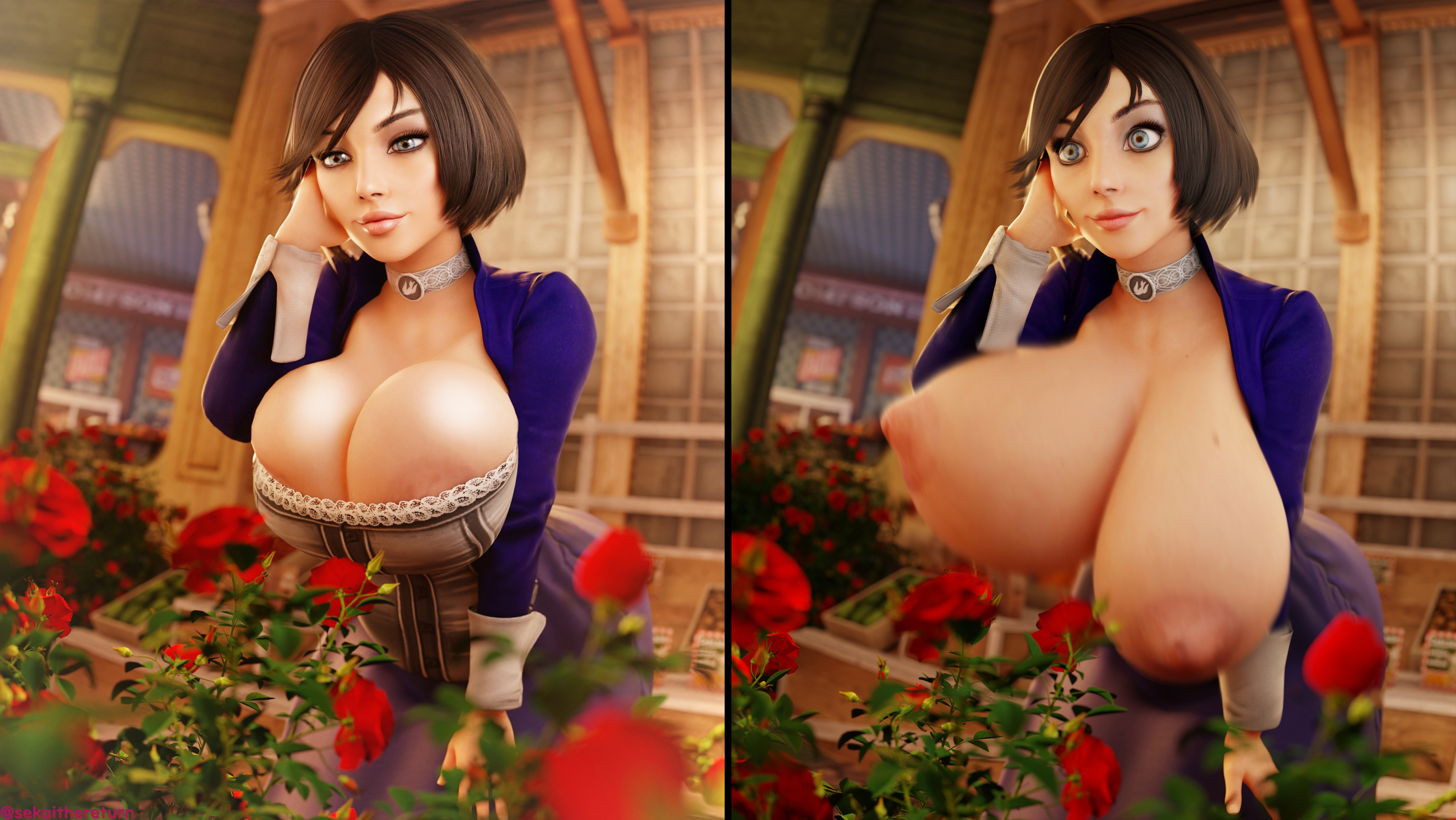 3d, areola slip, areolae, big breasts, bioshock, bioshock infinite, blue eyes, bolero, breasts, breasts out, brown hair, bursting breasts, busty, choker, cleavage, comic, corset, dress, elizabeth comstock, embarrassed, female, female focus, female only, hourglass figure, huge breasts, nipples, overflowing breasts, sekaithereturn, short hair, skirt, tagme, wardrobe malfunction, wide hips