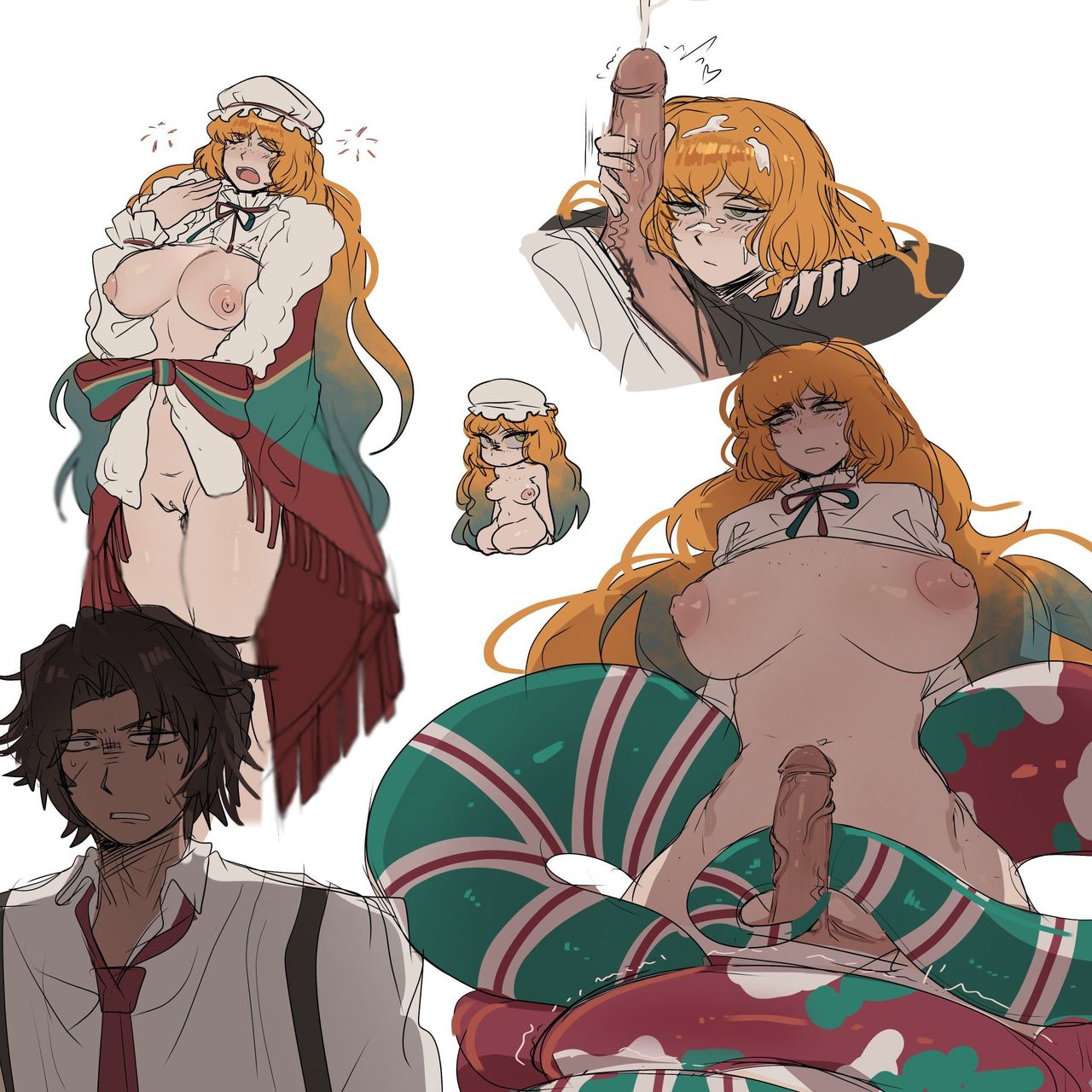 1boy, 1boy1girl, 1girls, bare breasts, bare shoulders, breasts, cum on body, dark-skinned male, e.g.o (project moon), female, freckles, heathcliff (limbus company), hi res, ishmael (limbus company), limbus company, monster girl, naked female, project moon, pubic hair, shipping